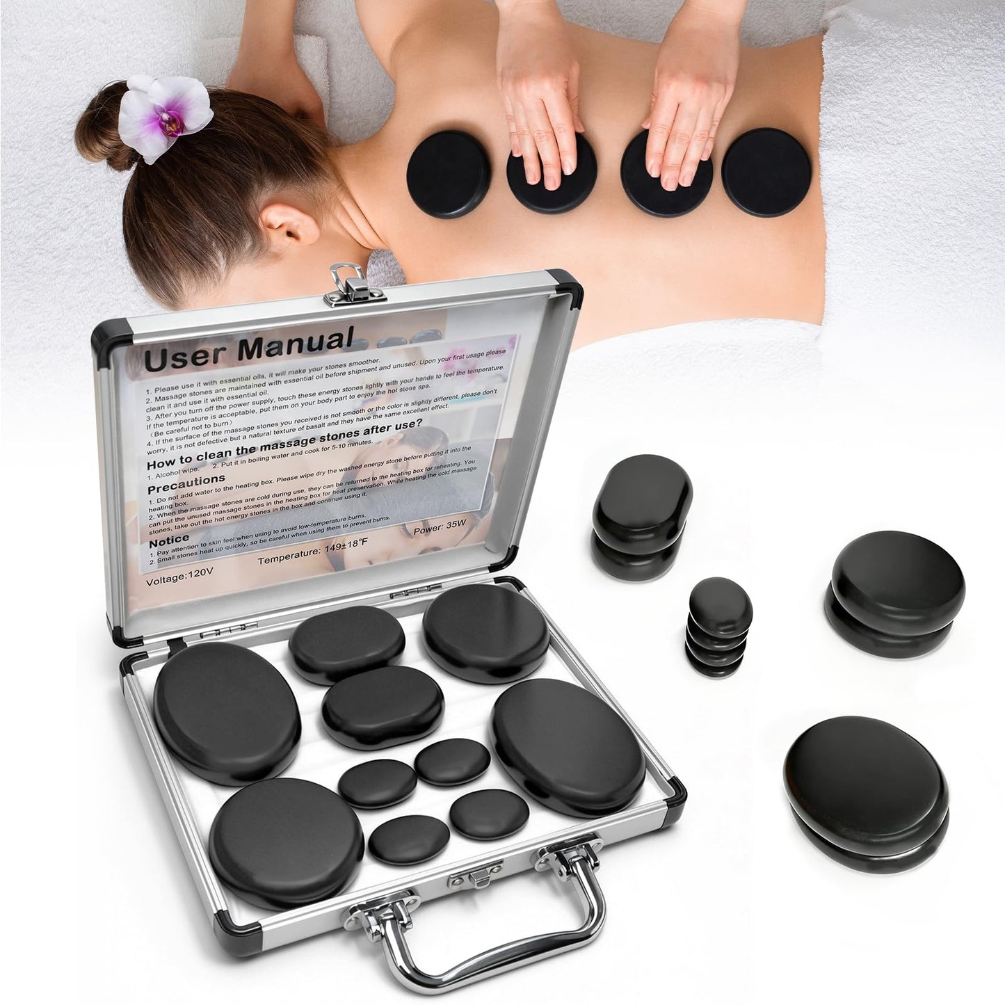 Freudeere 10Pcs Hot Stones Massage Set,Hot Stones Massage Warmer Kit,Portable Hot Stone with Heater for Home Spa Warming Therapy Relaxing