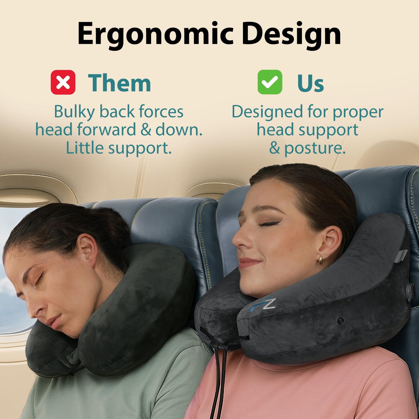FLOWZOOM Air Inflatable Neck Pillow for Travel – H-Shape Airplane Pillow with 5 Sleeping Positions, Quick Inflation, Adjustable Pressure, Detachable Hood, Soft Plush Cover – Size M, Black