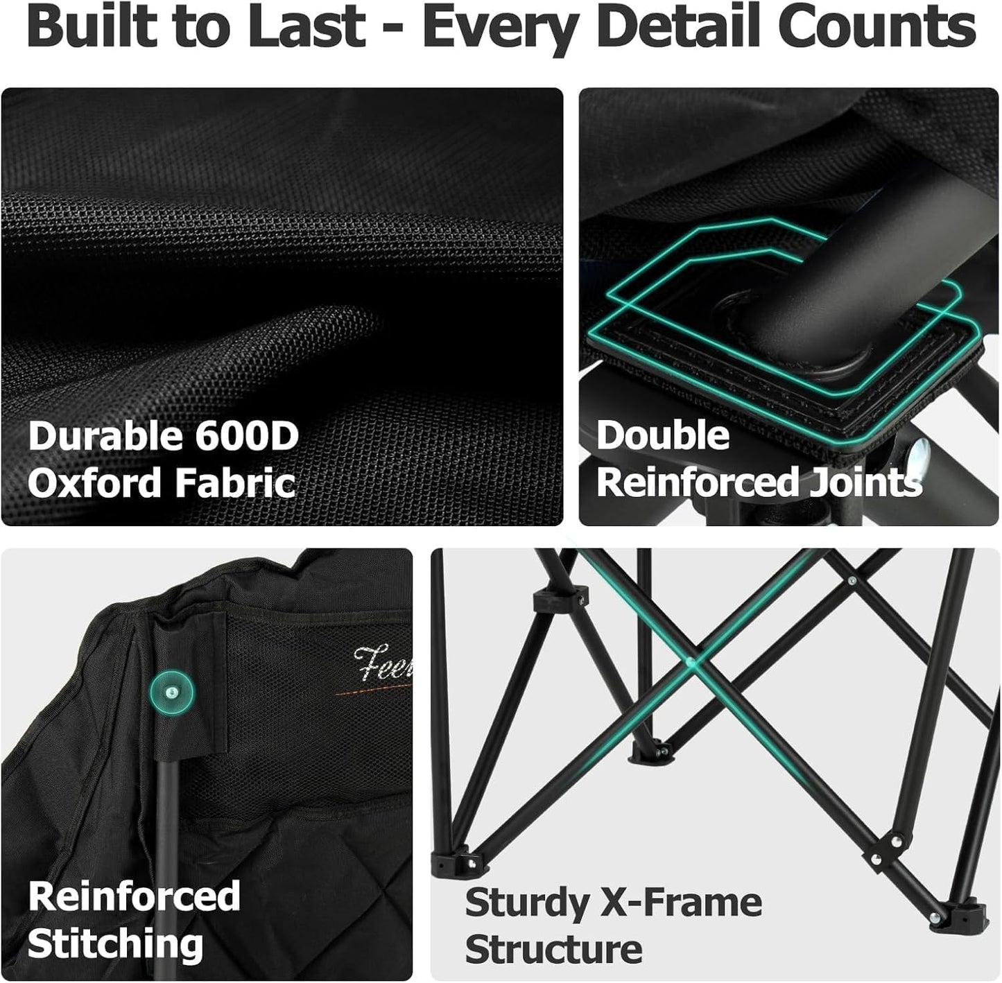 Overmont Oversized XL Camping Chair for Adults - 500lbs Support Heavy-Duty Padded Folding Chair with Side Pocket Cup Holder Cooling Bag for Outdoor Sports Garden Beach Fishing Lawn Black 2pcs
