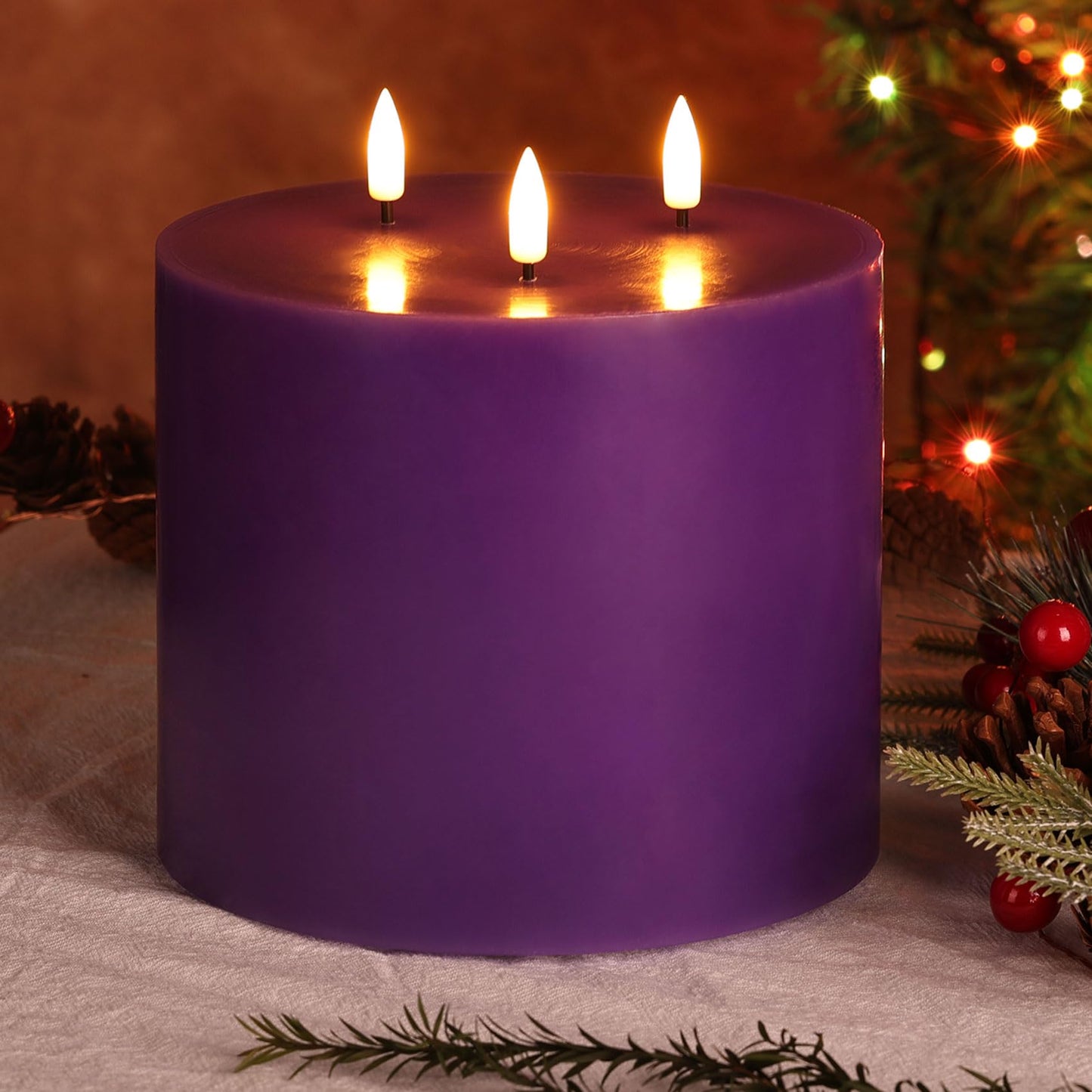 Girimax 3 Wick Purple Flickering Flameless Pillar Candle with Remote, 6x6 inch Large LED Candle Battery Powered Real Wax Coating Home Decor
