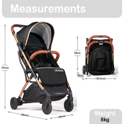 Lejoux™ Baby Pushchair Stroller– Lightweight Foldable Travel Buggy with 5-Point Harness, Adjustable Seat Back and Oversize Basket Folds with 1 Hand – Smooth Swivel Wheels Rain Cover (Black)