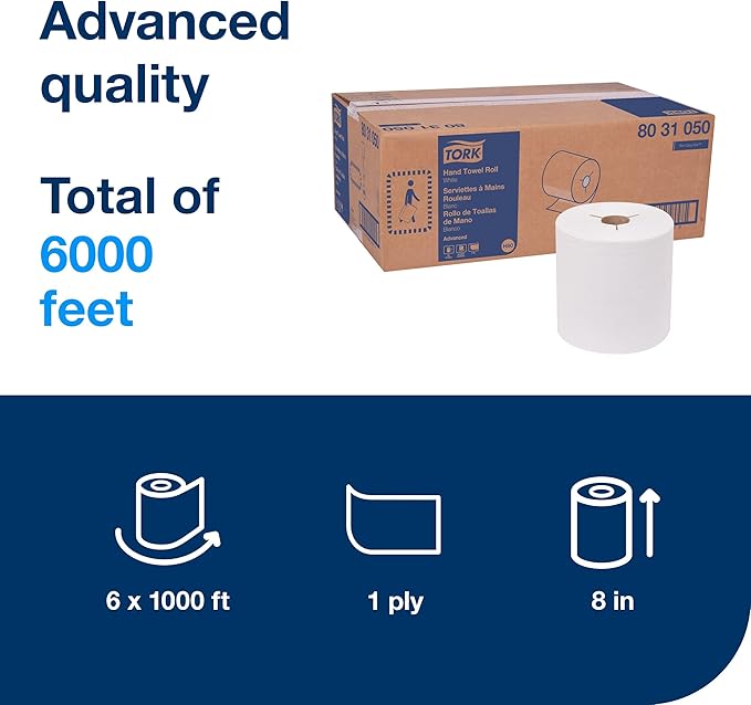Tork Hand Towel Roll White H80, High Absorbency, 6 Rolls x 1000 ft