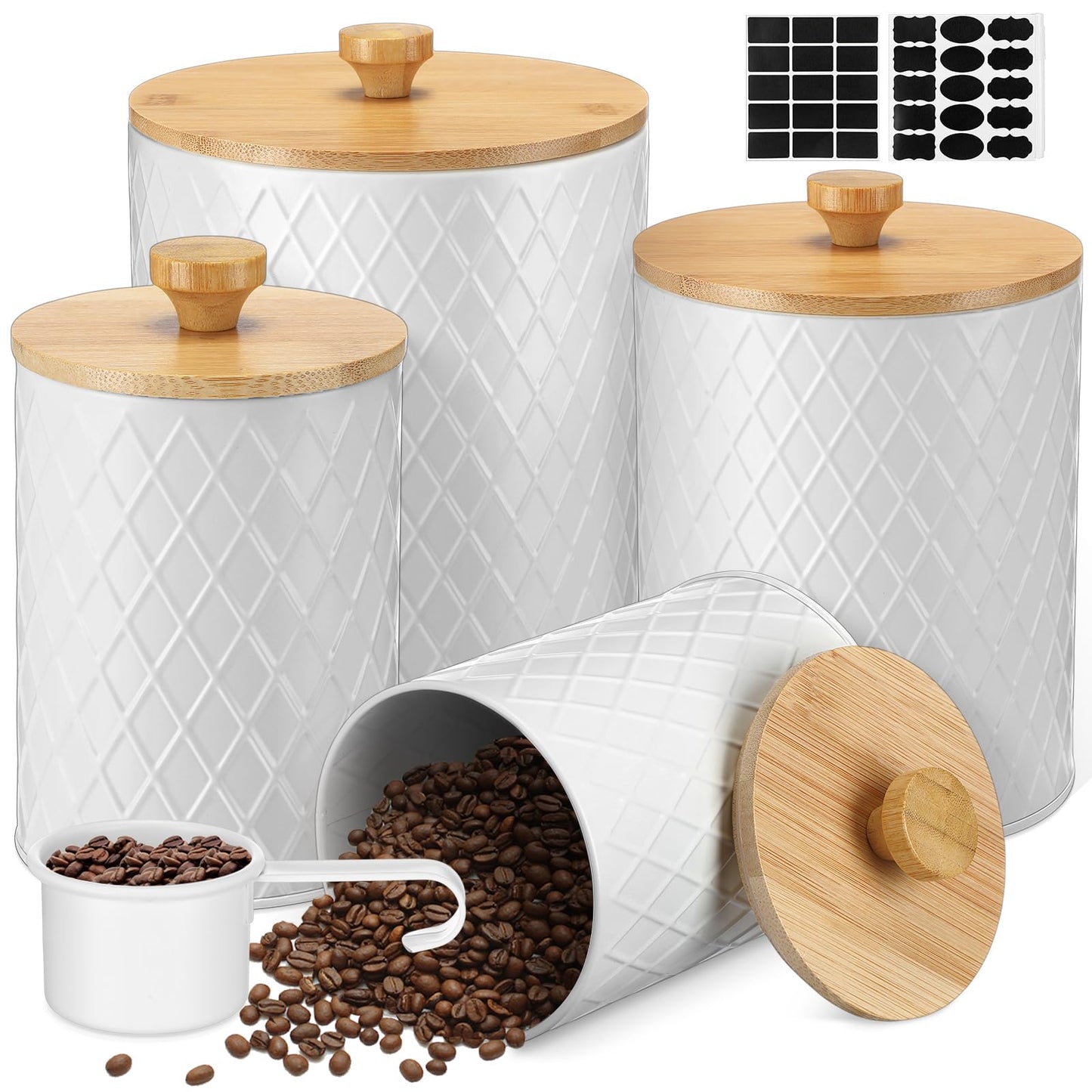 Teenyyou Metal Kitchen Canisters Set with Bamboo Lids and Spoon Airtight High Capacity Coffee Tea Sugar Flour Jars with DIY Labels Farmhouse Extra Large Storage Containers for Kitchen(4 Set,4 Sizes)