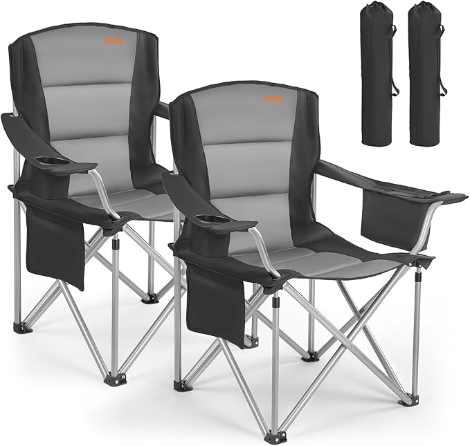 VEVOR Oversized Camping Folding Chair, Portable Heavy Duty Outdoor Quad Lumbar Back Padded with Side Pockets, Cup Holder and Cooler Bag for Beach, Lawn, Picnic, Fishing, Backpacking, 2 Pack