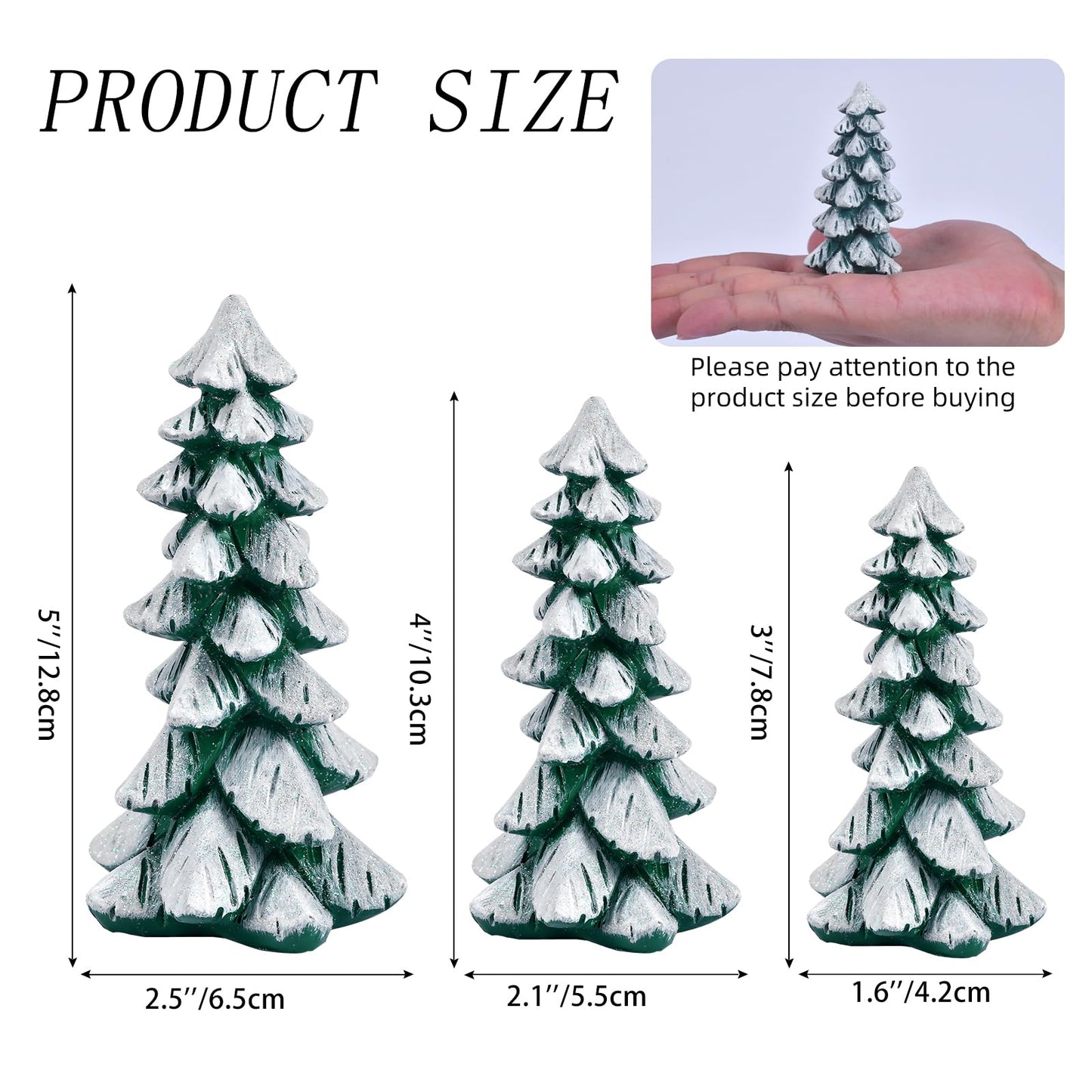 Resin Christmas Tree Figurines, 3pcs Snow-Dusted Tabletop Christmas Trees for Winter Decor, Rustic Christmas Table Decor, Holiday Table Centerpieces for Home, Shelf, Mantel (white-green)