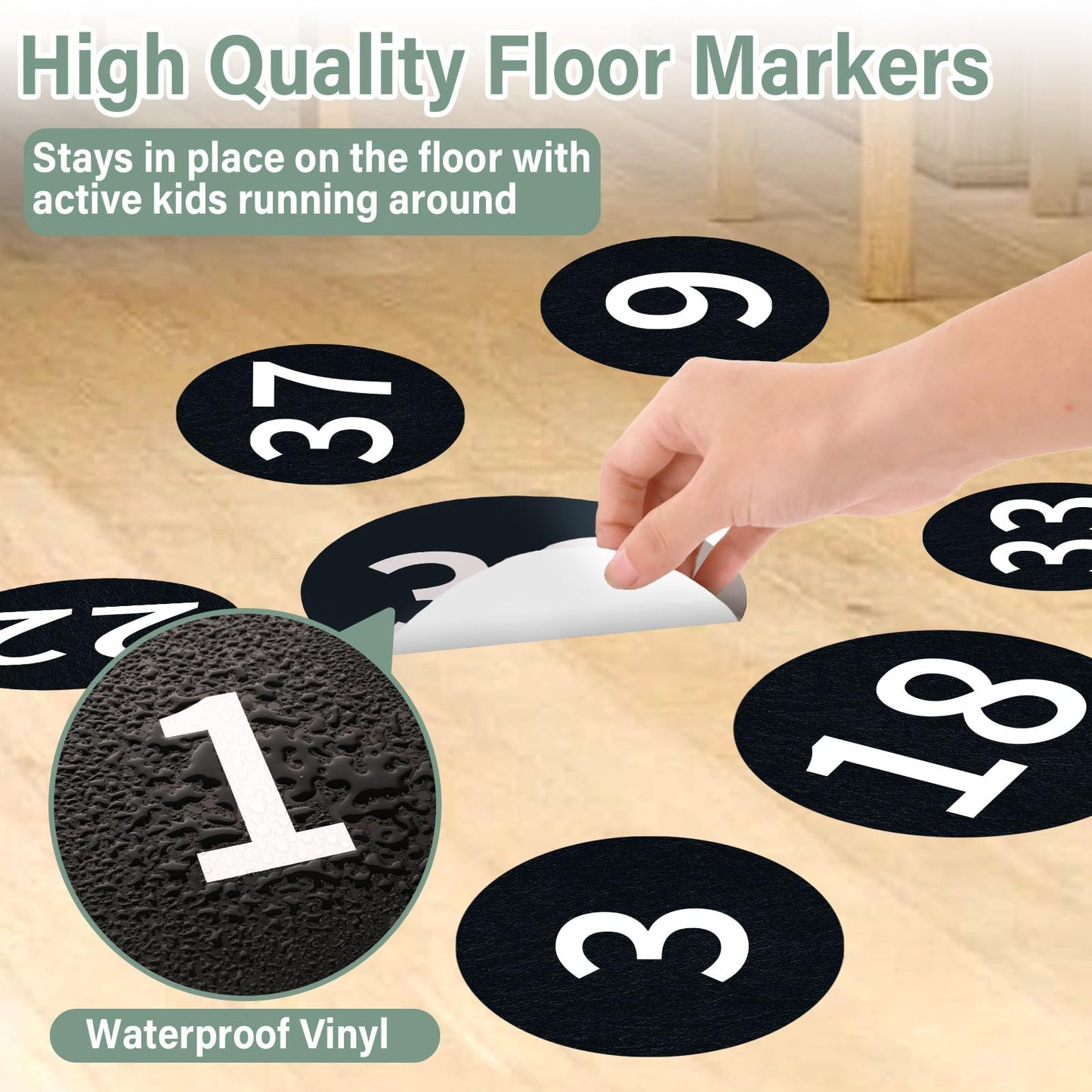 60 Pcs 6" Large Removable Number Spot Markers Black Classroom Floor Stickers with Numbers 1-40 Vinyl Floor Decals Line up Sitting Dots Stickers for Teachers Students for Elementary Preschool