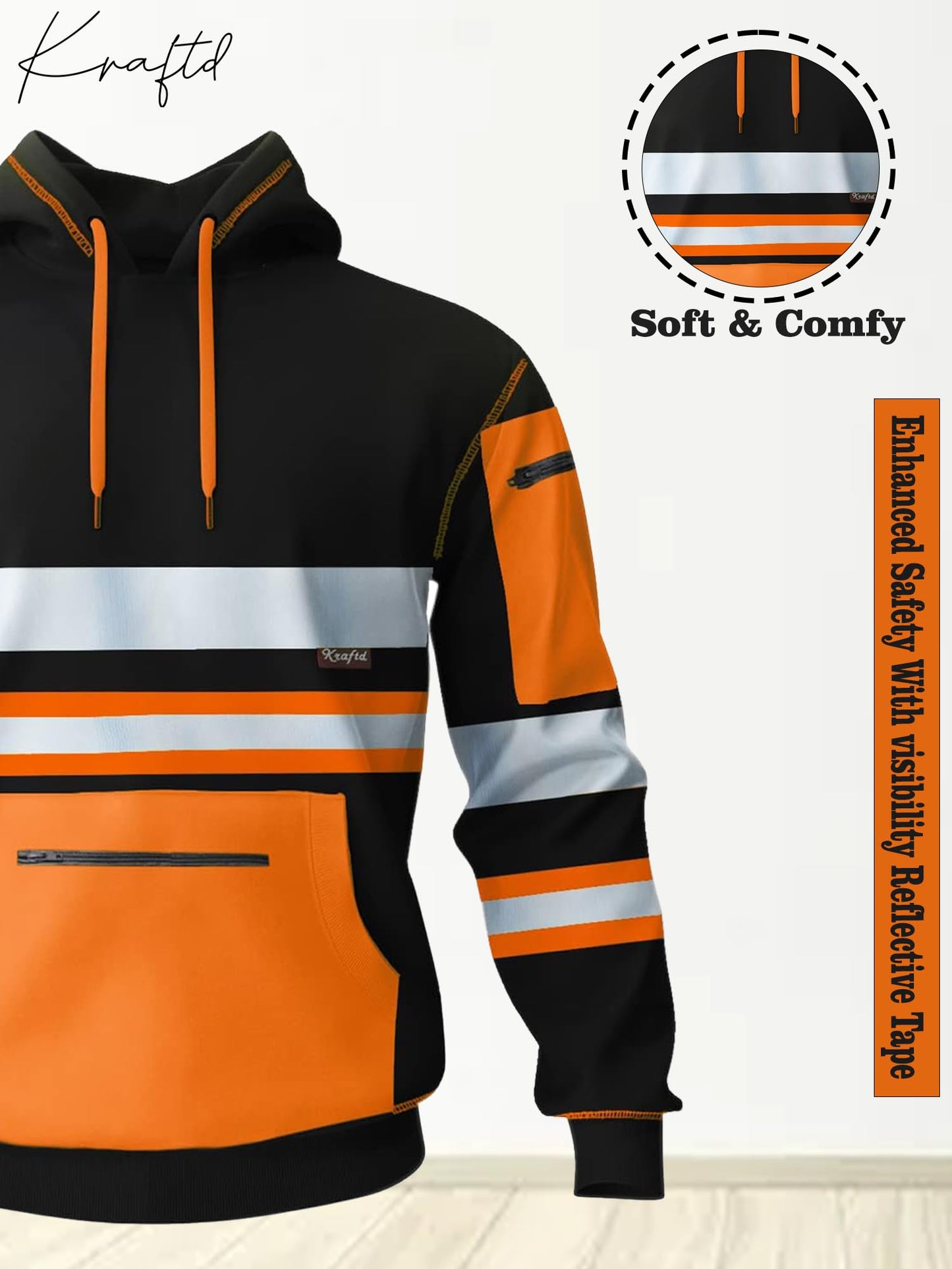 kraftd Mens Hi Vis Hoodie High Viz Hooded Sweatshirt Workwear Hoody With Reflective Tape