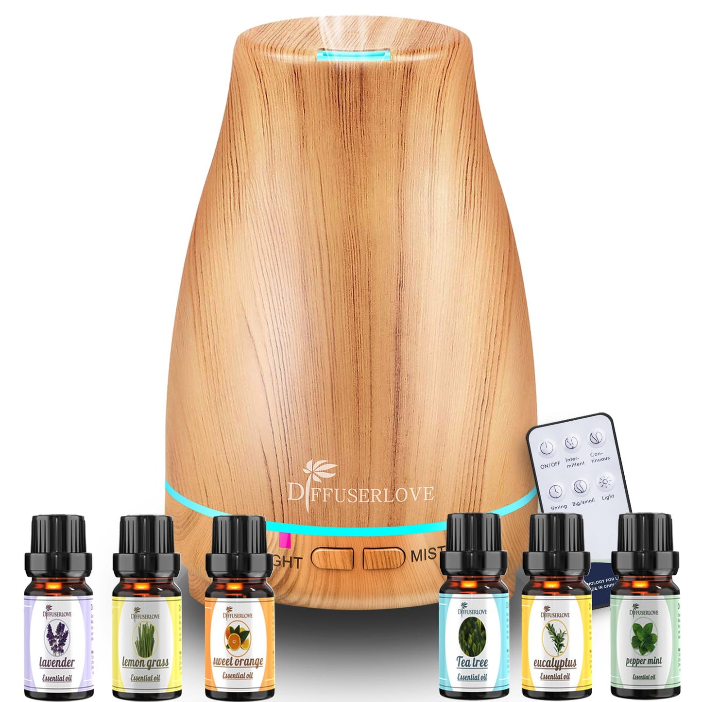 Diffuserlove Essential Oil Diffusers 200ML Remote Control Ultrasonic Mist Humidifiers BPA-Free Aromatherapy Diffuser with 7 Color Lights, Auto Shut-Off for Bedroom Office Kitchen