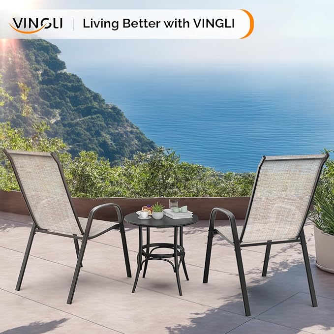VINGLI Patio Chairs Set of 8 – Stackable Outdoor Dining Chairs with Comfortable Sling High Back Chairs and Armrests for Lawn, Poolside, Courtyard, Balcony, Garden, Yellow