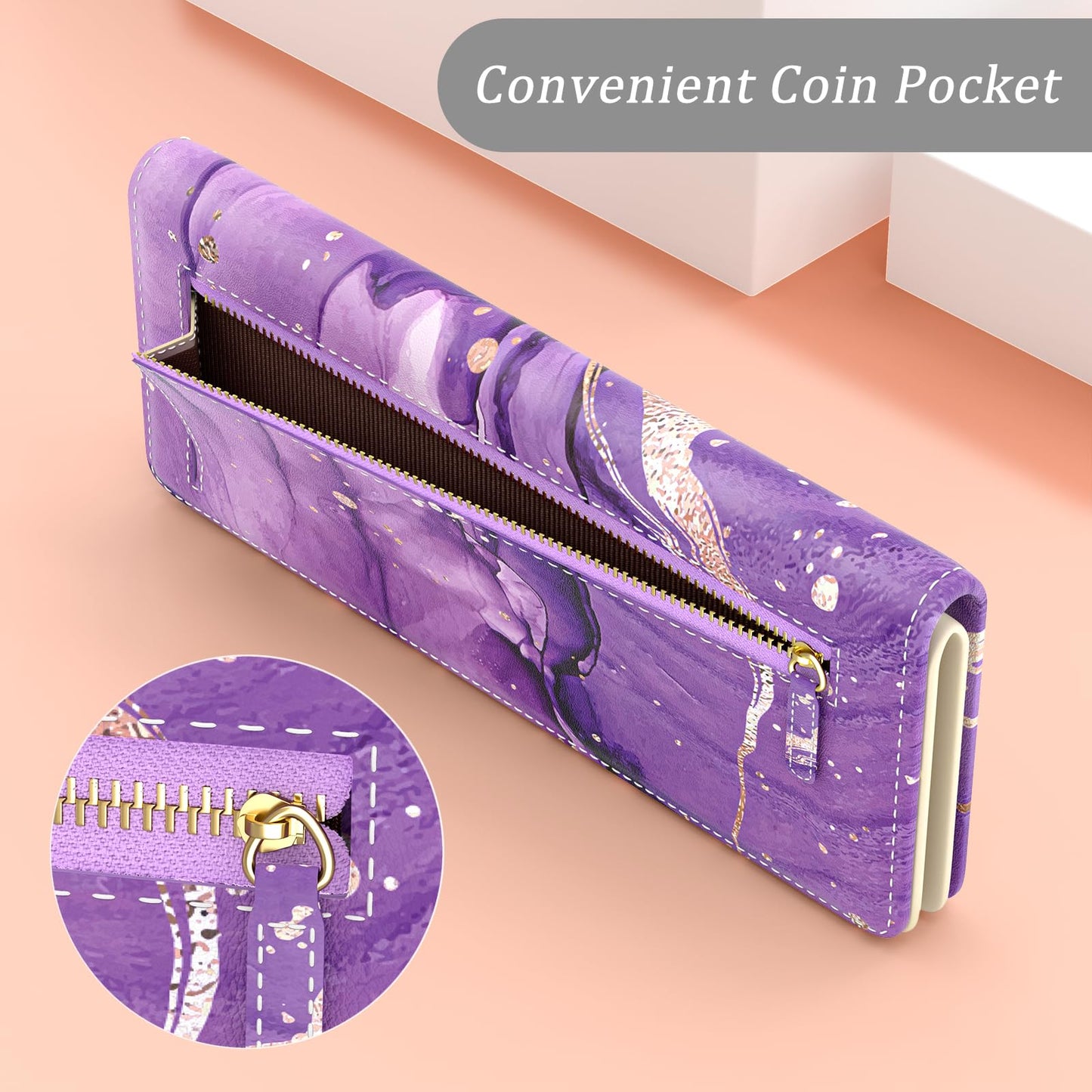 TMOODEL Wallet Women, Cute Marble RFID Blocking Credit Card Holder for Women, Slim Thin Leather Bifold Ladies Purse, Clutch Billfold Card Holder Wallets with 11 Card Slots & ID Window, Purple Abstract