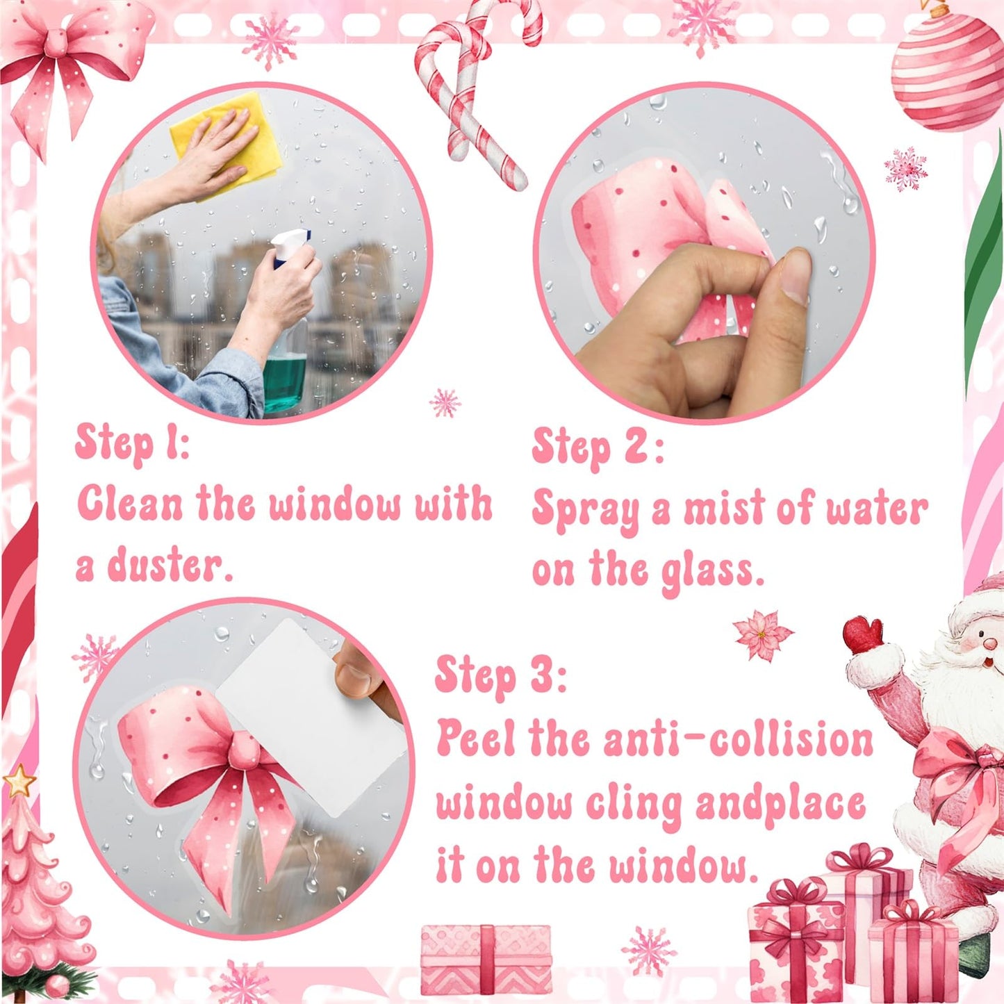 Christmas Decoration Window Decals Pink Bow Xmas Tree Window Clings Indoor Decor Removable Santa Claus Static Cling for Glass Double-Sided Snowflake Glass Sticker for 2026 New Year Living Room Supply