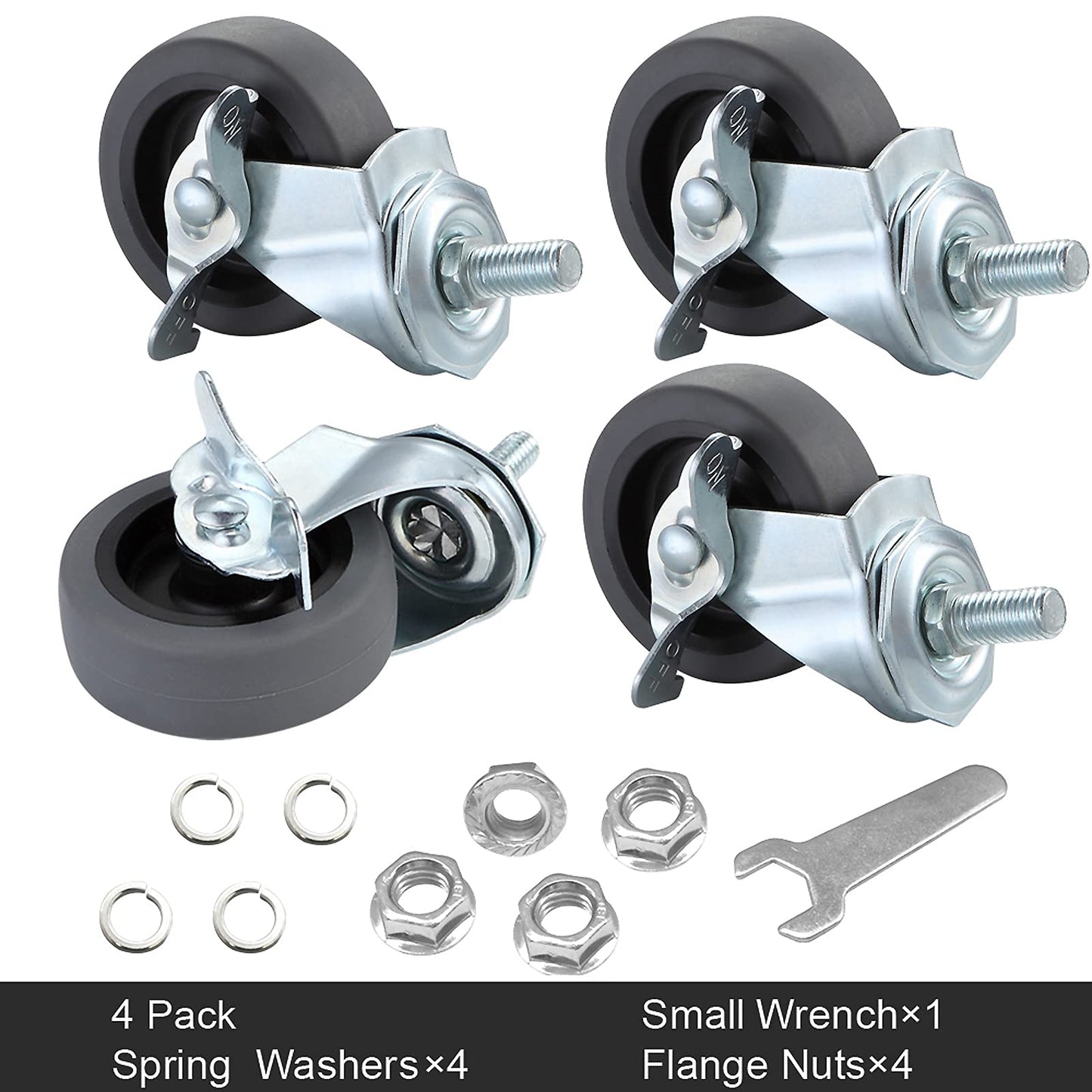 WHARSTM Caster Wheels, 3" Locking Swivel Stem Casters Set of 4, 3/8"-16 x 1 (Screw Diameter 3/8", Length 1") Rubber Casters with 360 Degree No Noise Wheels for Furniture