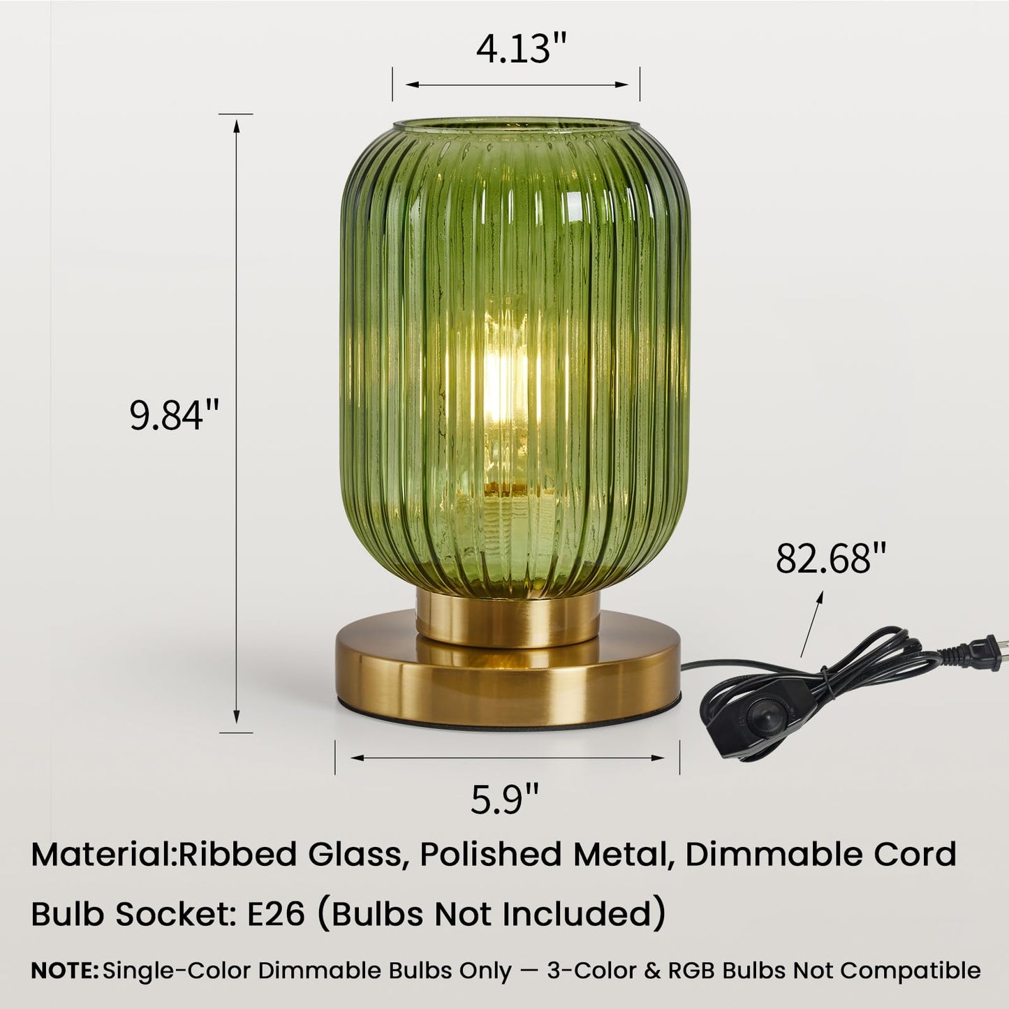 Mid Century Modern Table Lamp: Vintage Green Ribbed Glass Globe Dimmable Plug in Small Bedside Lamps - Cute Brass Gold Side Table Lamp Nightstand Light for Bedroom Entryway Office Desk Living Room