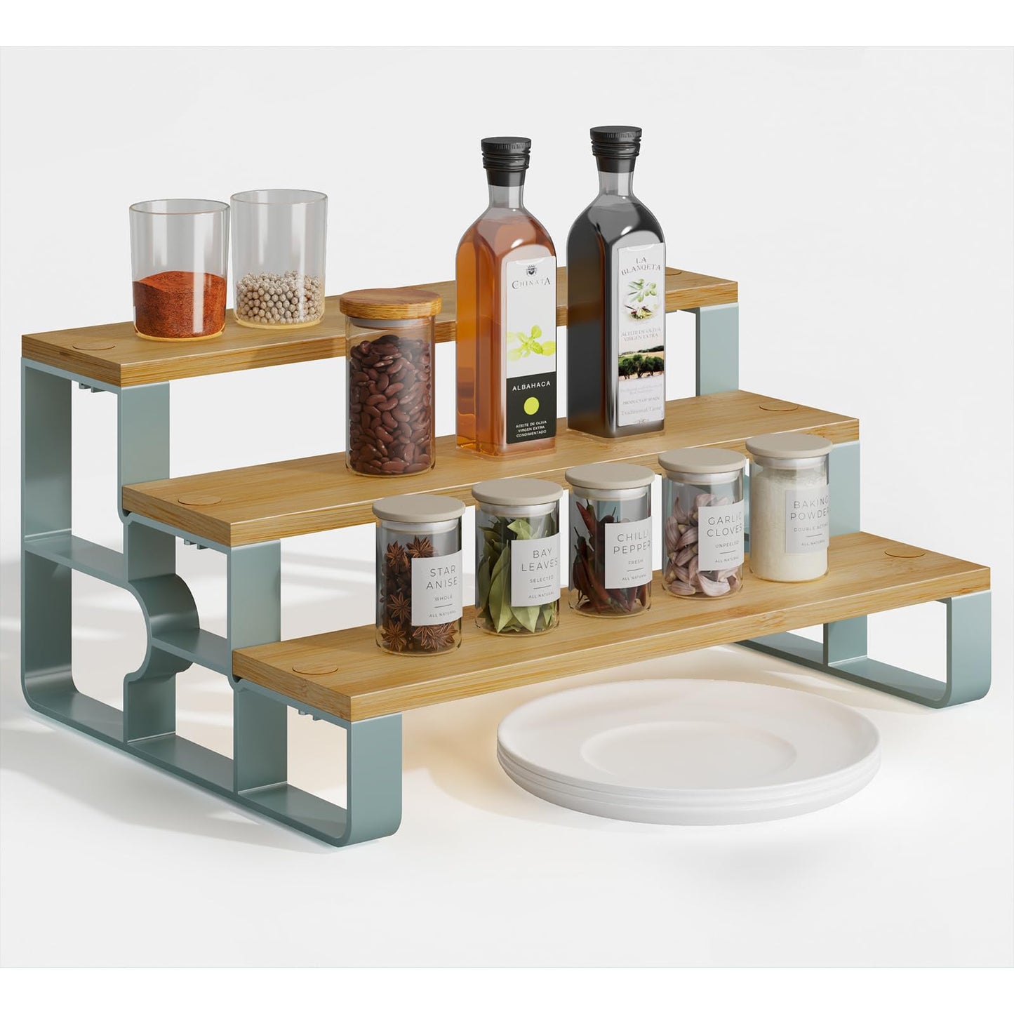 mengbu 3-Tier Bamboo Condiment and Spice Rack Shelf for Kitchen Countertop & Storage Cabinet, Step Organizer Display Riser Shelf for Women, Space-Saving, Easy Access, Easy to Assemble(14" Width)