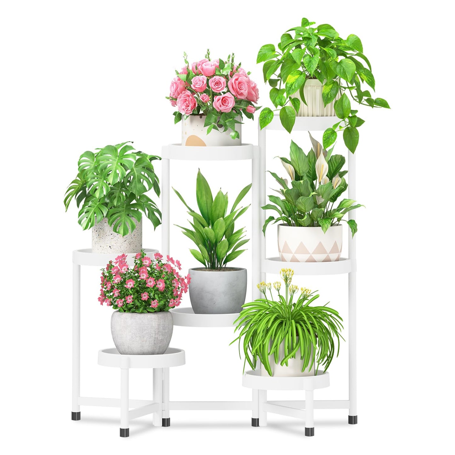 iDavosic.ly 7 Tier Folding Plant Stand Indoor Outdoor with Plastic Tray, Tiered Corner Flower Holder Shelf, Metal Orchid Display Rack for Patio Porch Living Room Garden Balcony, White