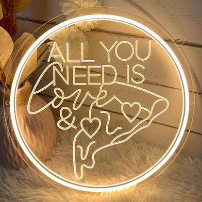 All You Need Is Love &Pizza Neon Sign For Wall Decor 3D Art Carving Design Indoor Bedroom Led Neon Signs Backdrop Flex Christmas Party Business Room Shop Window Birthday Gift(Warm White,USB,30×30CM)