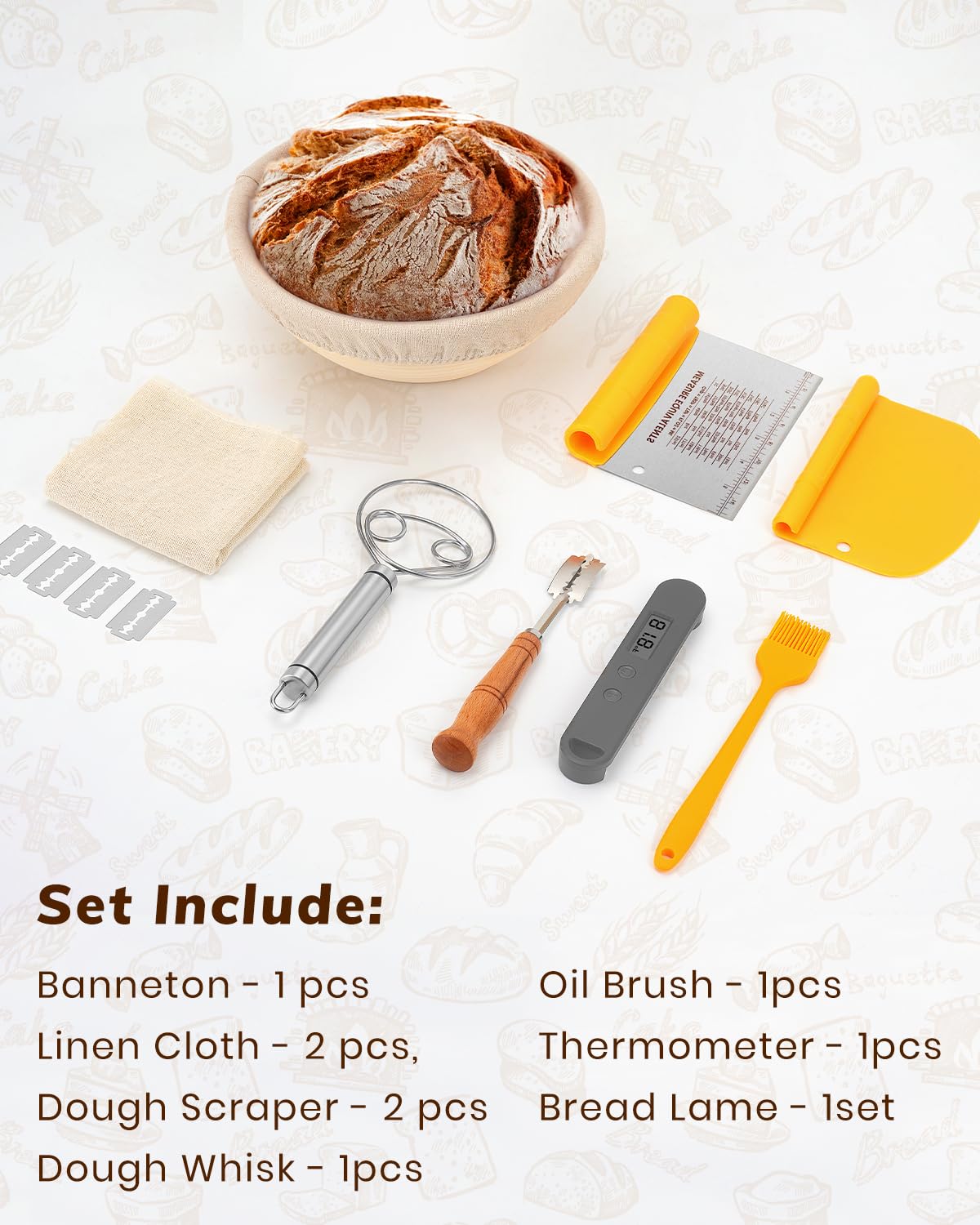 CODOGOY Banneton Bread Proofing Basket, Sourdough Bread Baking Supplies, Sourdough Starter Kit with 9" Round Proofing Basket, Food Thermometer, Spatula, Scraper, Dough Whisk