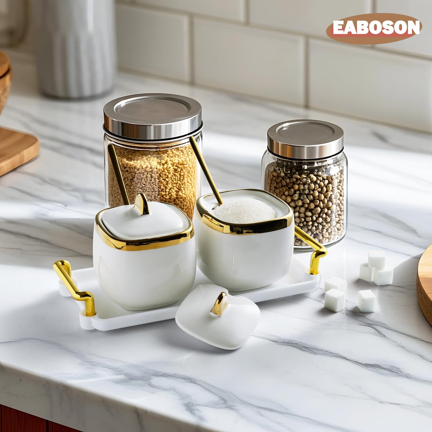 EABOSON Ceramic Sugar Bowl 2 Pack, Porcelain Seasoning Jar with Tray, Spoon and Lid for Sugar, Pepper, Coffee, Spice, Salt (Gold)