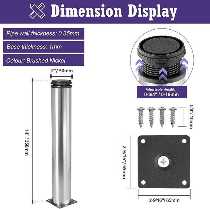14 Inch Metal Furniture Legs Stainless Steel Adjustable Legs Silver Metal Legs