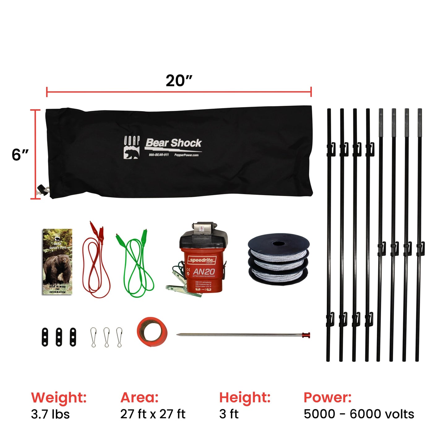 Bear Shock UDAP Ultra Light Electric Fence for Camp, Portable Camping Kit, 27 ft x 27 ft, BEF