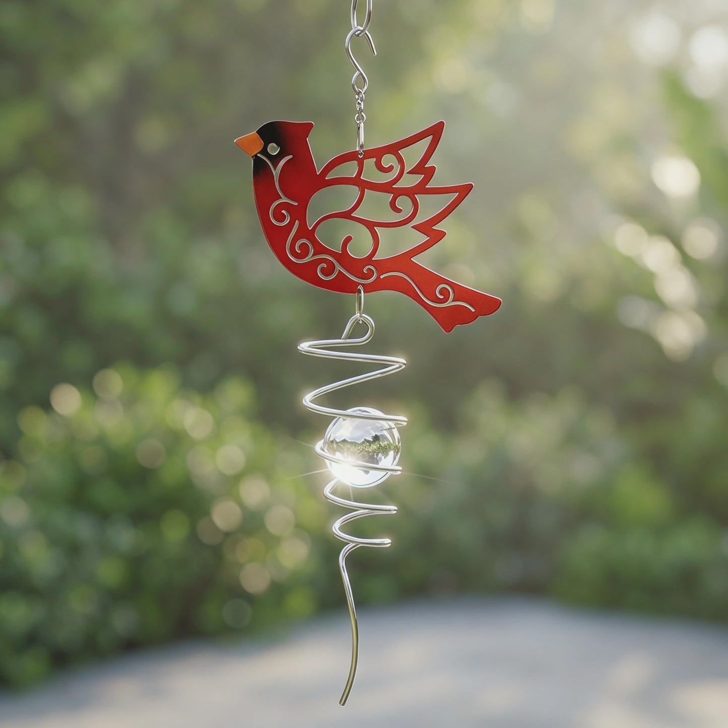 Topadorn Cardinal Wind Spinner with Crystal Glass Ball, 18" Metal Hanging Bird Spinner for Garden, Patio, Porch & Memorial Outdoor Decor