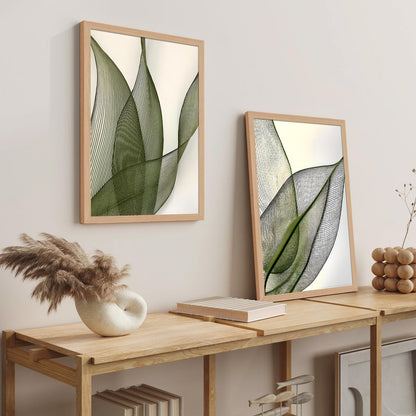 Green Leaf Wall Art Set of 2 with Wooden Frame – Minimalist Botanical Plant Prints, Modern Boho Tropical Leaves Painting, Framed Picture Wall Decor 12x16 Inch