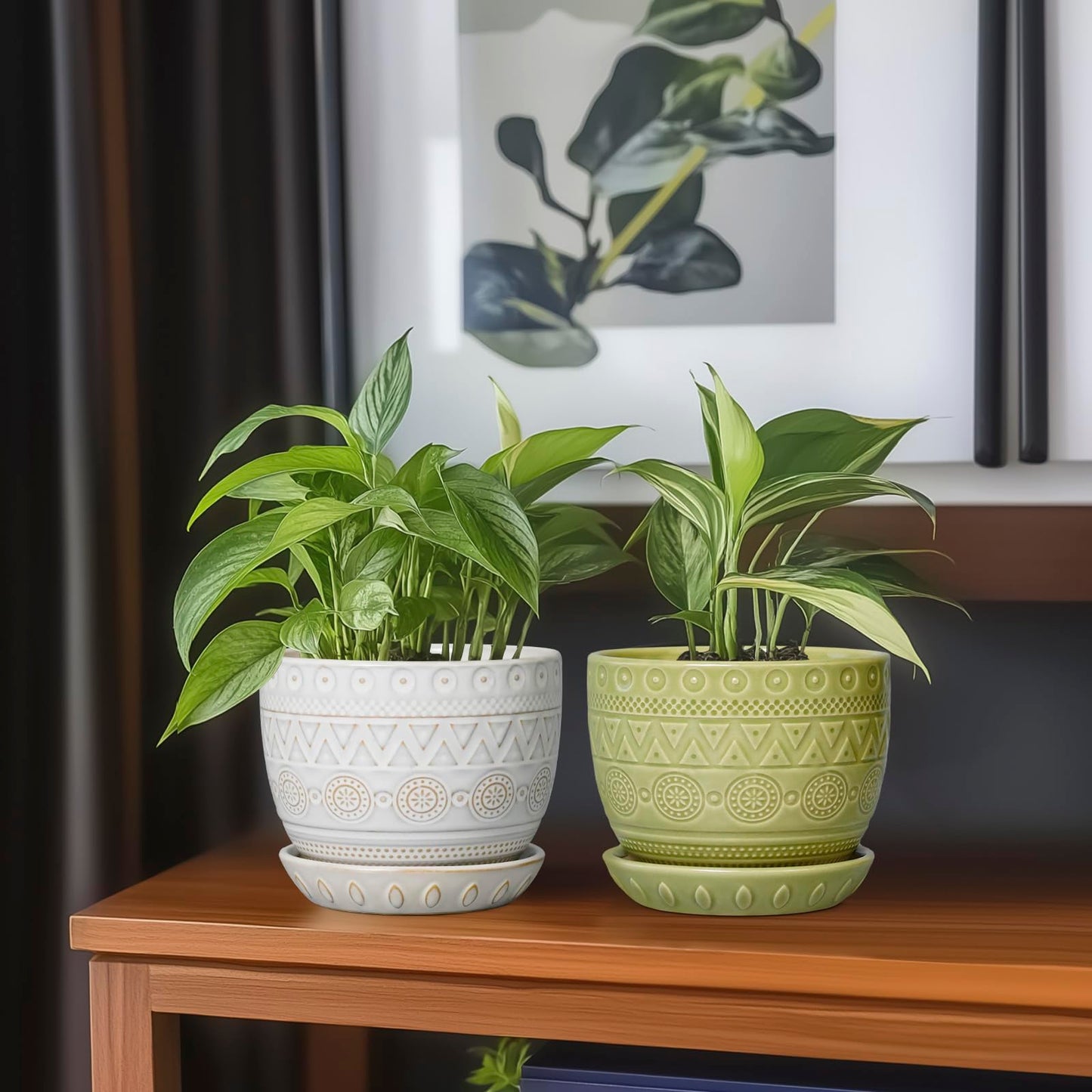 G EPGardening Indoor Plant Pot 5.5 Inch - Ceramic Planter with Drainage Hole and Saucer, Round Boho Plant Pot for Indoor Plants, Plant Lover Gifts, Home Garden Office Decor, Green