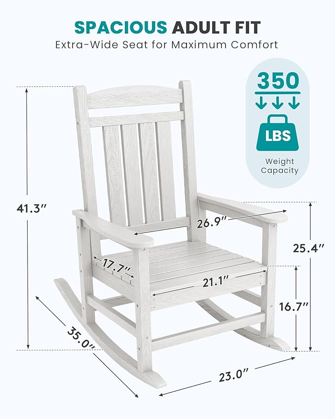 SERWALL Outdoor Rocking Chairs Set of 4, Oversized HDPE Porch Rockers for Adults, All-Weather Composite Patio Rocking Chairs, White