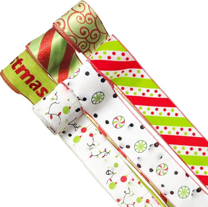 Meseey Red Green Christmas Tree Wired Ribbon 2.5 Inch x Total 30 Yards Funny Cartoon Character Gift Wrapping Ribbon Decorative Ribbons for Xmas Tree Wreath Bows DIY Craft Decoration
