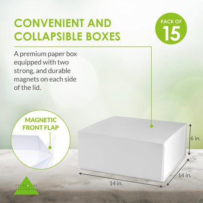 Prime Line Packaging Gift Boxes with Lids, Extra Large White Magnetic Gift Boxes for Presents, Gift Wrapping for Weddings, Storage, Small Business, Bulk, 14x14x6, 15 Pack