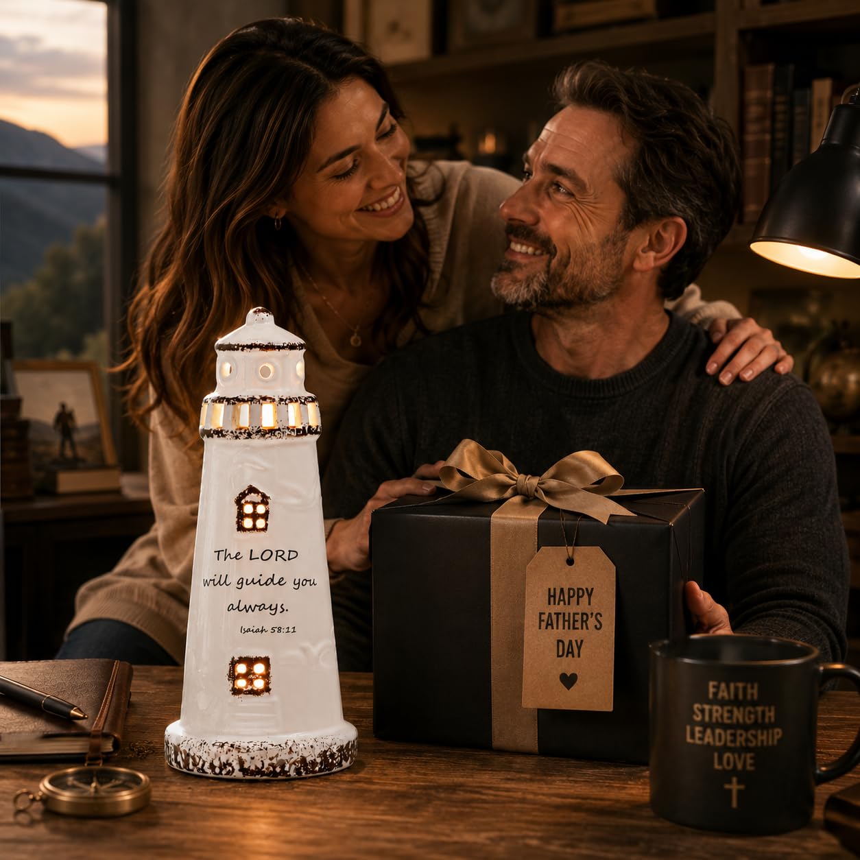 DAILYBREAD hristian Lighthouse Lamp for Men – Ceramic LED Night Light with Scripture Verse, Inspirational Gift for Dad, Husband, Pastor, Christian Home Decor 8" H