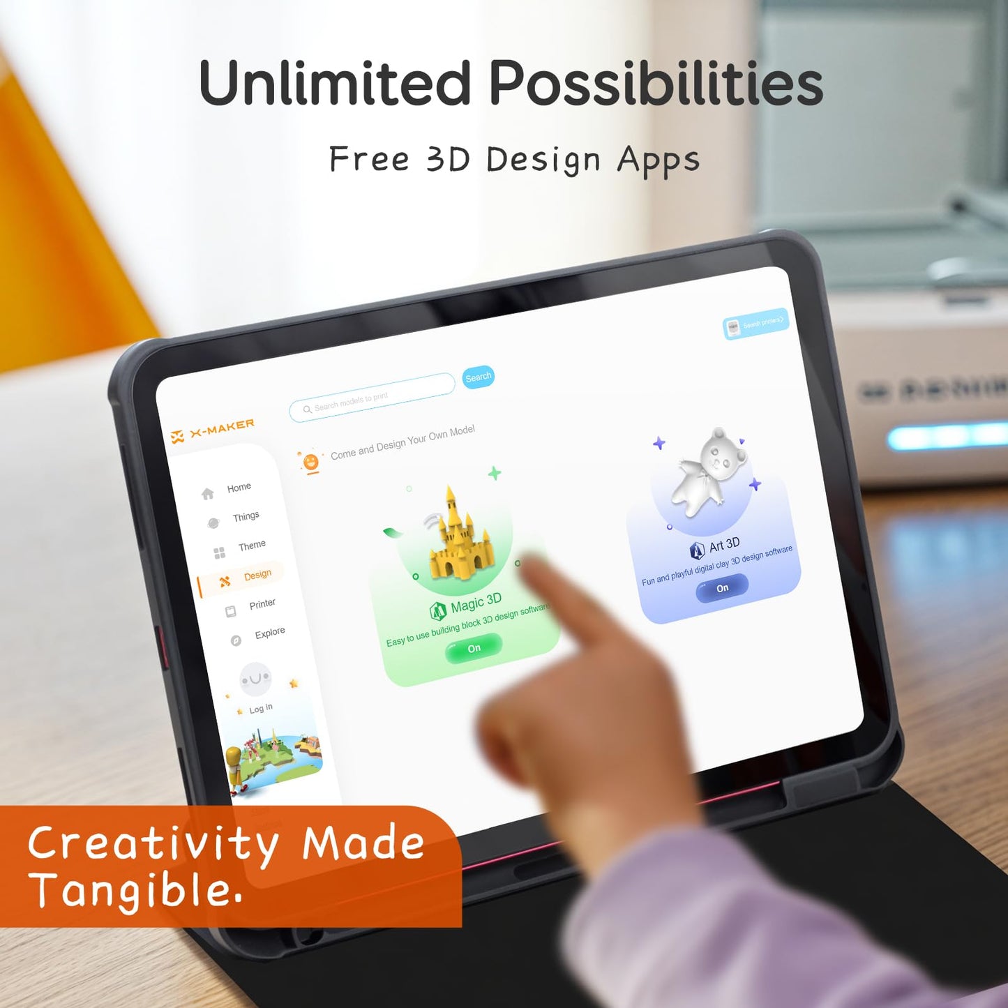 AOSEED AI-Powered 3D Printer for Kids, 3D Printer with 8 PLA Filament Set, AI Design App, Huge Toy Library, Up to 400mm/s Faster Speed, W/ 16+ Mini 3D Design Module, App Control, X-Maker Joy AI+