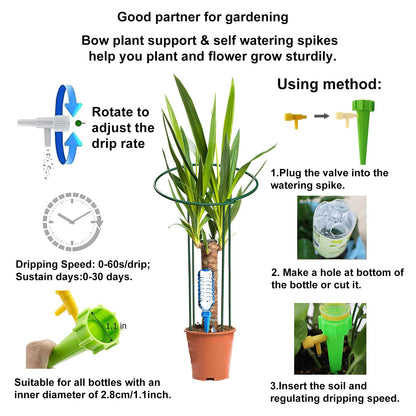 KAZITOO 10 Pack Large 60cm Tall Bow Plant Support Stakes, Strong Metal Garden Supports Half Round Flower Hoops with 5 Self Watering Spikes for Peonies, Hydrangea, Interlinking to Make Rows, Circles