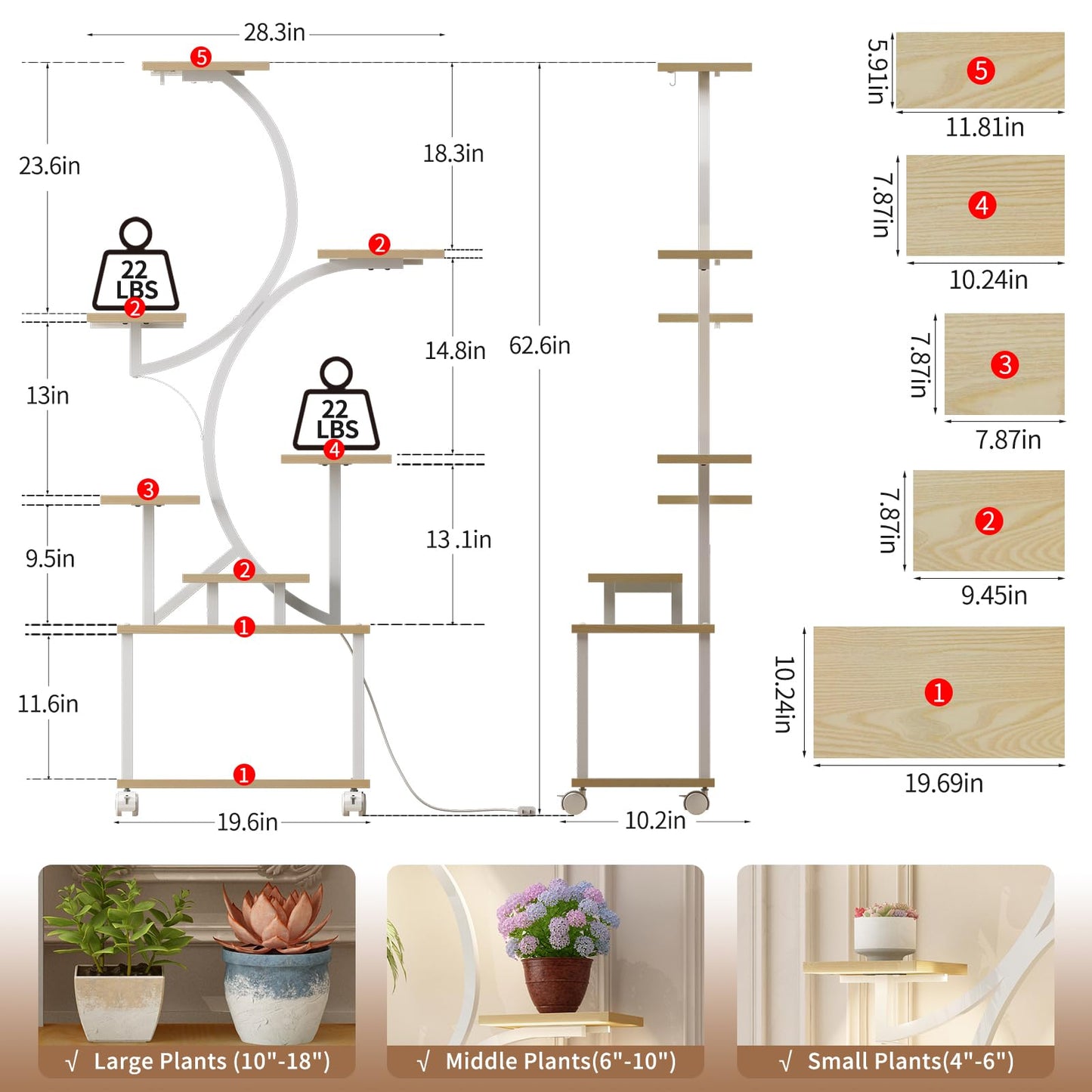 AJLDN Plant Stands Shelf Indoor with Grow Lights - 62in Tall 8 Tiered Plant Holder, S-Shaped Corner Shelf for Living Room, Large Flower Stand for Indoor Plants,Natural