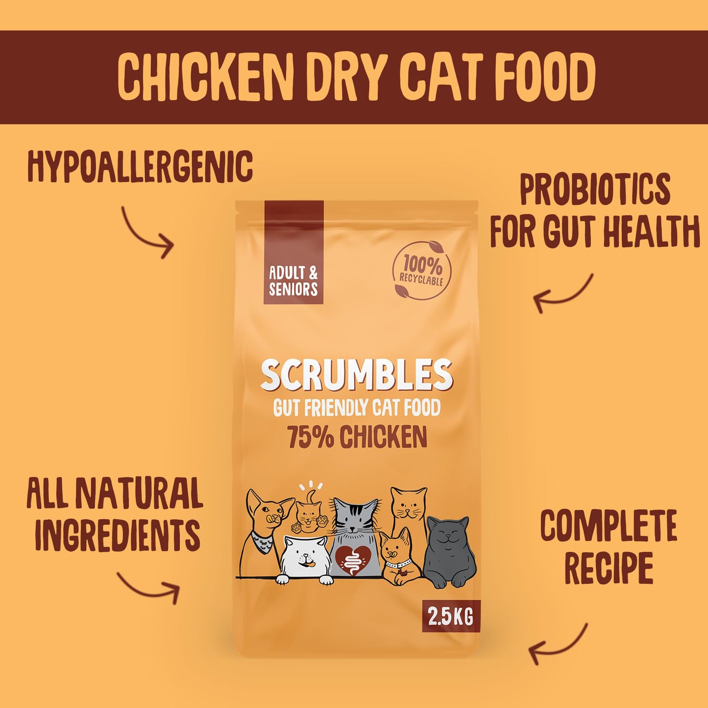 Scrumbles All Natural Dry Cat Food with 75% Chicken, High Protein Food For Adults And Seniors, 2.5Kg,package may vary