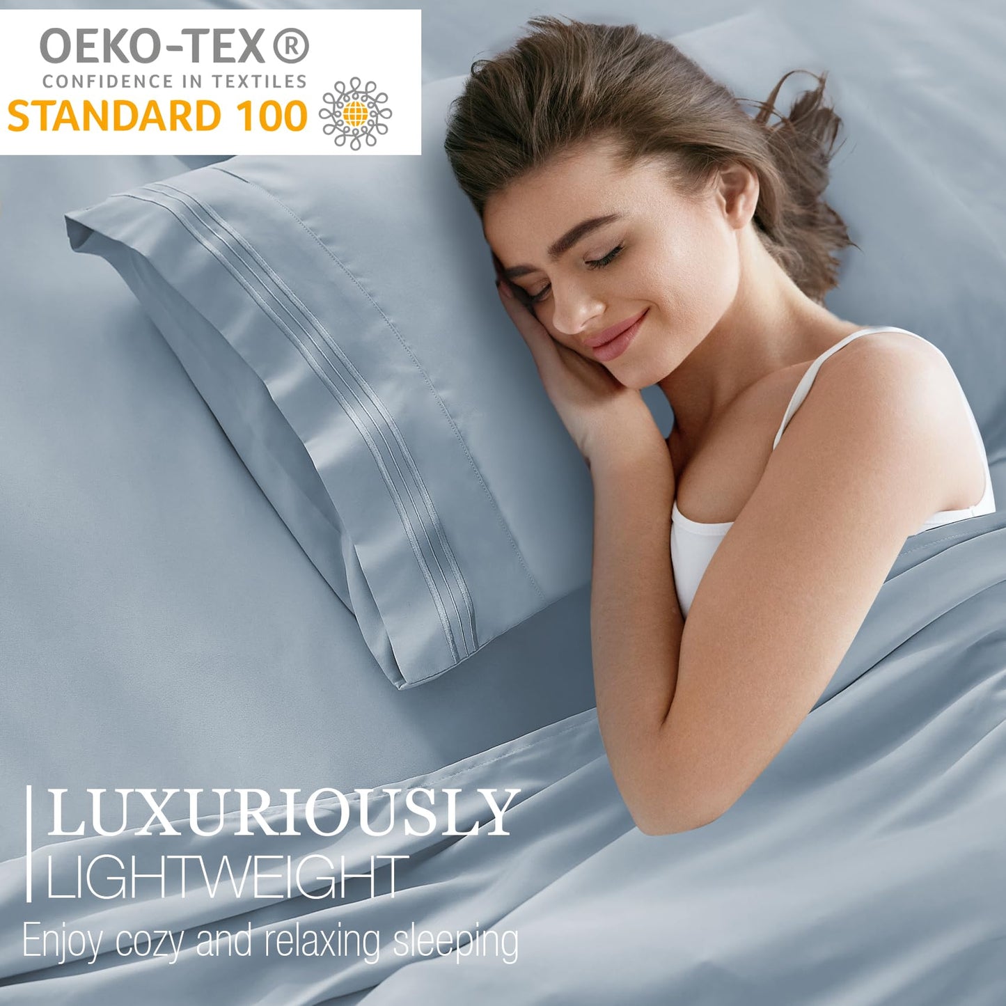 Yibeizi Queen Sheet Set Cooling Sheets Deep Pocket Queen Size Bed Sheets Set, Light Blue Soft Microfiber Oeko-Tex Sheets & Pillowcases Hypoallergenic Wrinkle Free Bedsheets