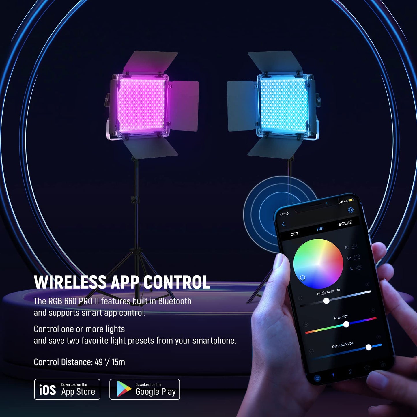 NEEWER Upgraded 660 PRO II RGB LED Video Light with App Control & Tripod Stand Kit, 2 Pack 50W/1% Min Dimming/CRI97+/3200-5600K for Game Streaming YouTube Studio, Bluetooth
