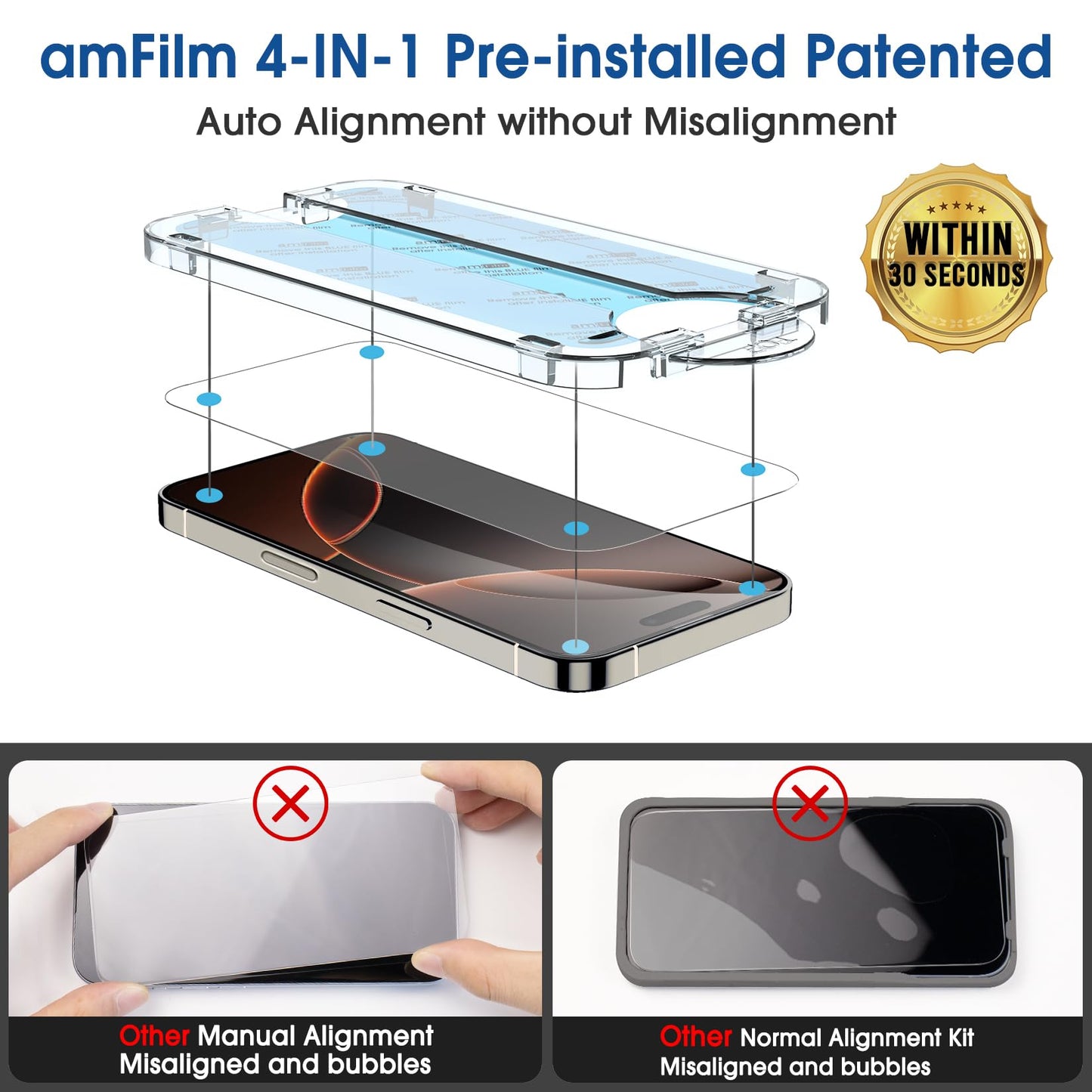 amFilm Easiest Installation OneTouch for iPhone 15 Pro Max Screen Protector [6.7 Inch] Tempered Glass + Camera Lens Protector, Auto-Alignment Tech, Bubble Free, Case Friendly, Anti-Scratch [2+2 Pack]
