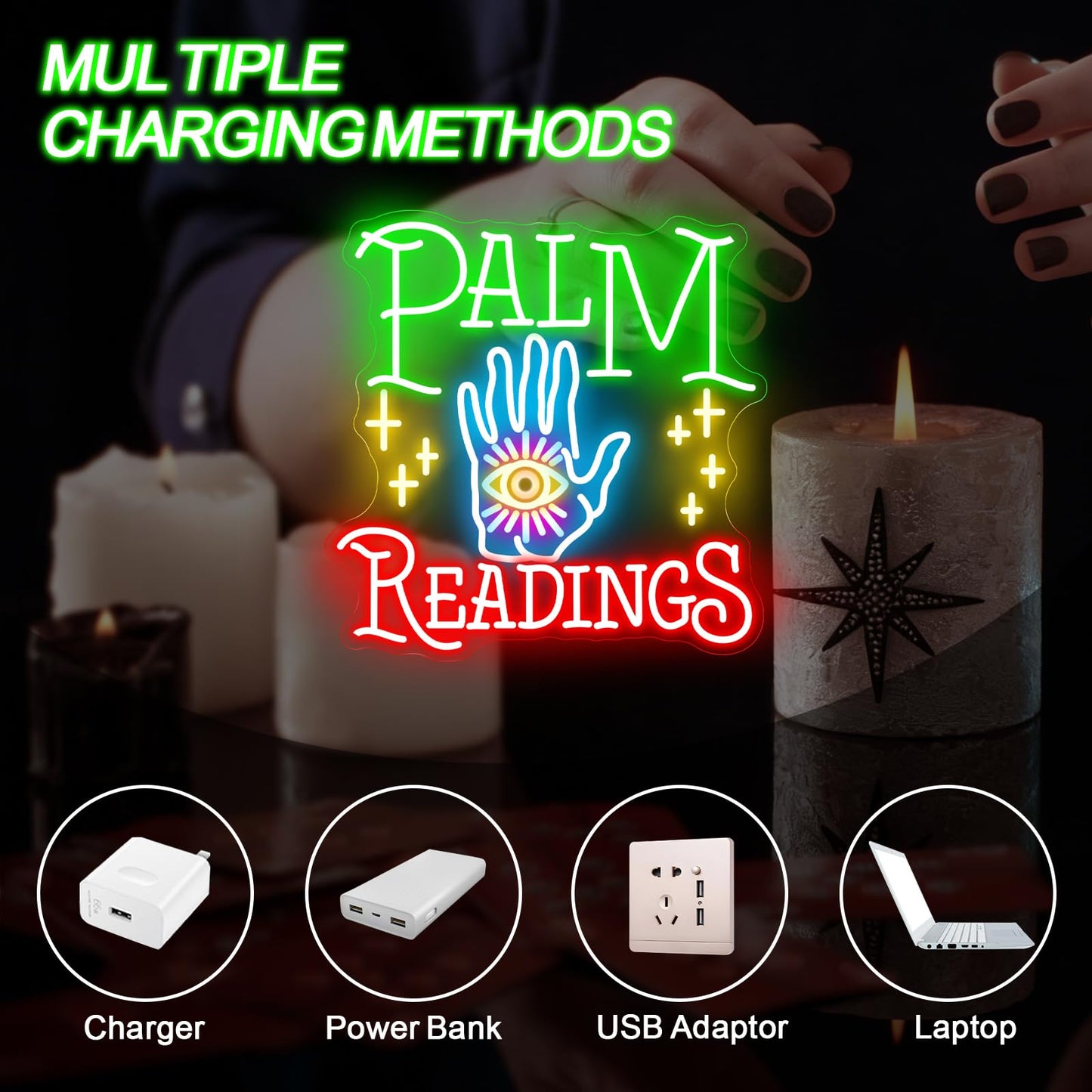 Palm Readings Neon Sign, Fortune Teller LED Neon Sign Wall Decor, Psychic Tarot Reading Neon Signs for Wall Decor, Mystical Neon Sign for Bedroom Studio Lounge 18.9”×18.5”