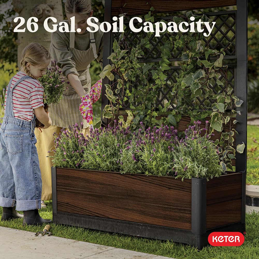 Keter Outdoor Planter Box with Privacy Screen and Trellis – 26 Gallon Raised Garden Bed for Climbing Plants & Flowers – Wood-Look Resin, Weather-Resistant Divider for Patio, Balcony & Backyard