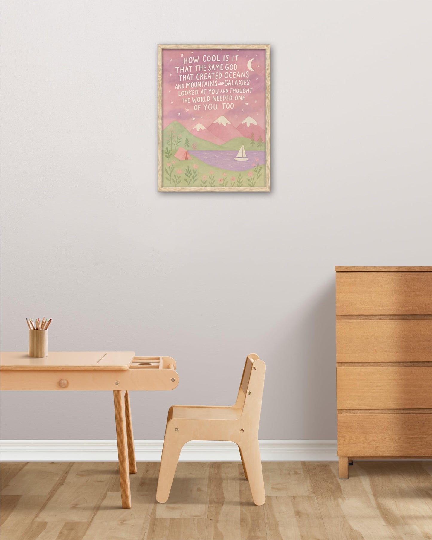 KensTro Natural OAK Wood Same God Creation Framed Wall Art,12x16in Inspirational Christian Bible Canvas Art,Mountain Nursery Decor,Pink Set of 1 for Christian Girl Bedroom Dorm for Girly Adoption Gift