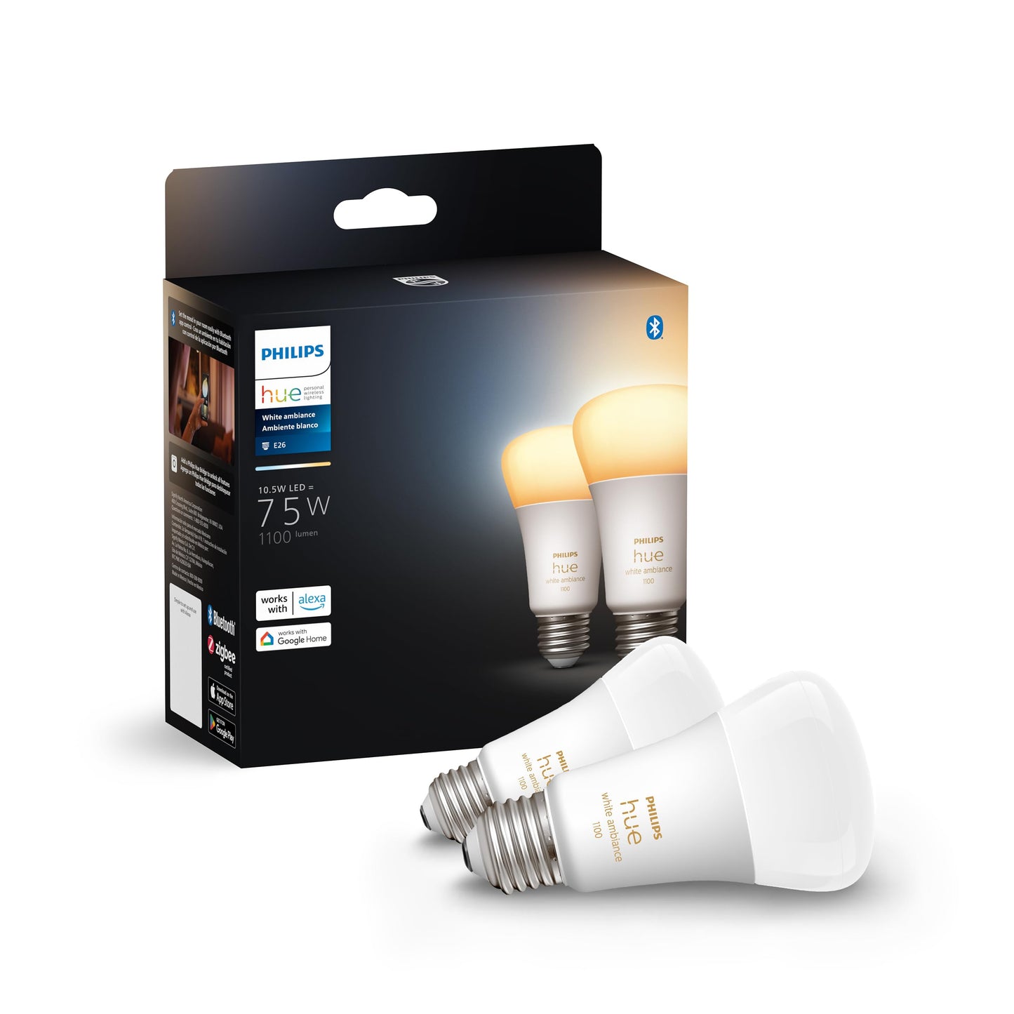 Philips Hue Smart 75W A19 LED Bulb - Soft Warm White Light - 2 Pack - 1100LM - E26 - Indoor - Control with Hue App - Works with Alexa, Google Assistant and Apple Homekit