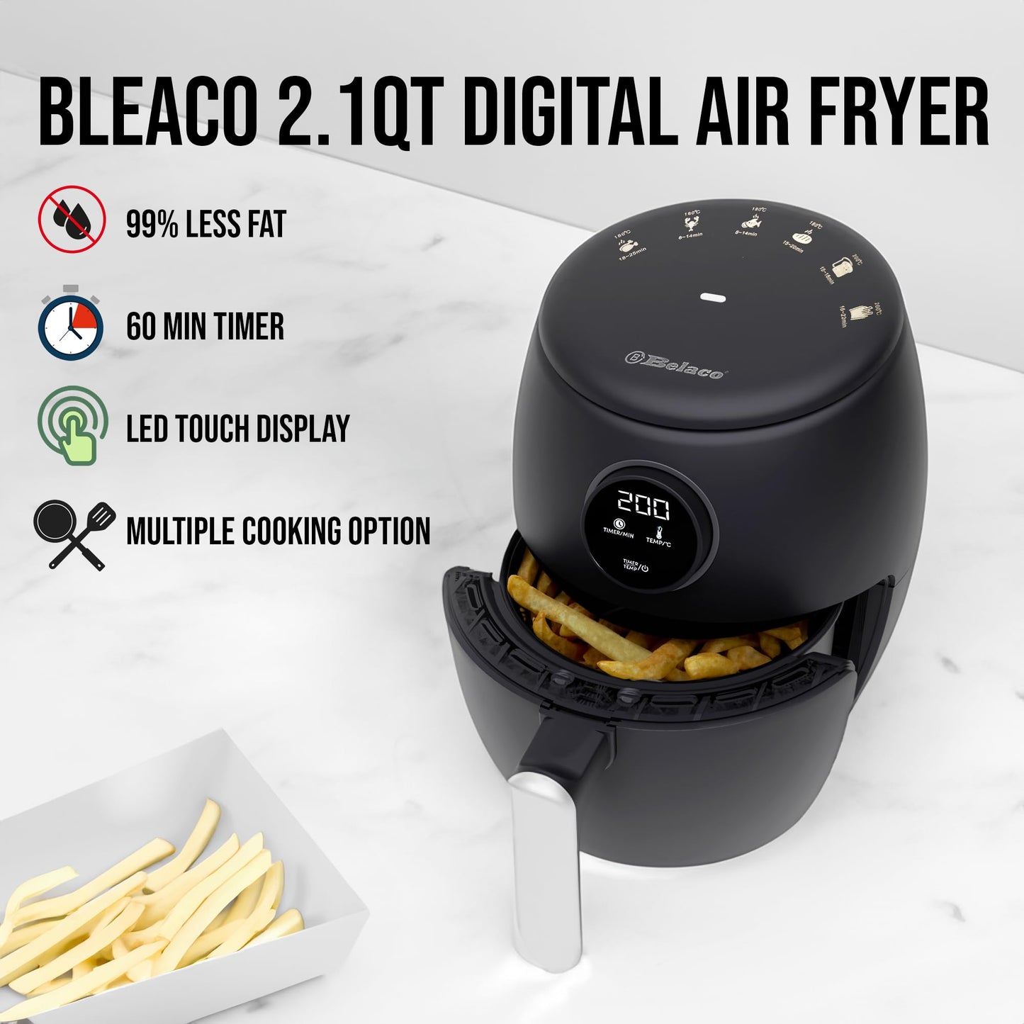 Belaco Air Fryer, 2L Digital Display, Rapid Air Circulation, Air Fryers, 60 Min Timer, Adjustable Temperature, Dishwasher Safe Basket BEL-AF-02