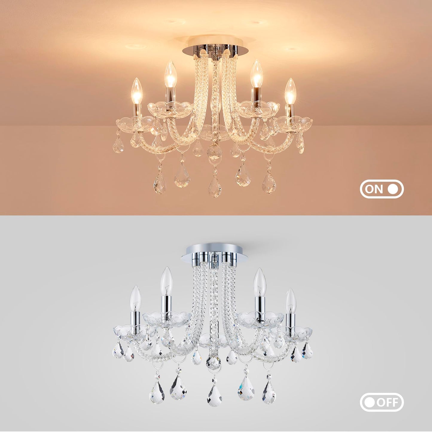 GlowEasely French K9 Crystal Maria Theresa Candle Chandelier, Luxury Vintage Pendant Light Fixture for Dining Room, Living Room, 5 Lights, D22.4*H15.7 inch, Clear Crystal & Chrome Finish Frame