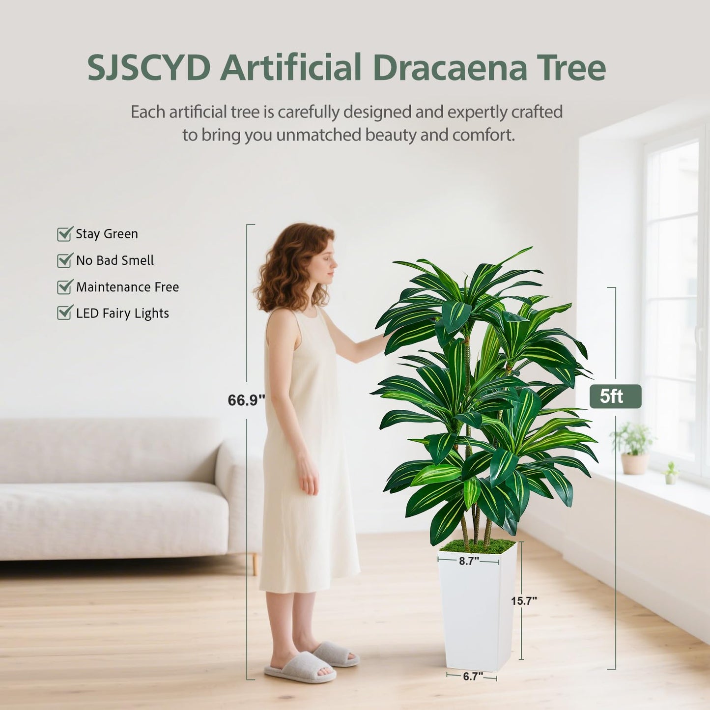 SJSCYD Dracaena Artificial Plants Indoor, 5FT Tall Faux Tree with White Tall Planter, Fake Yucca Tree Floor Plant, Artificial Trees for Home Office Living Room Garden Decor Outdoor, Housewarming Gift