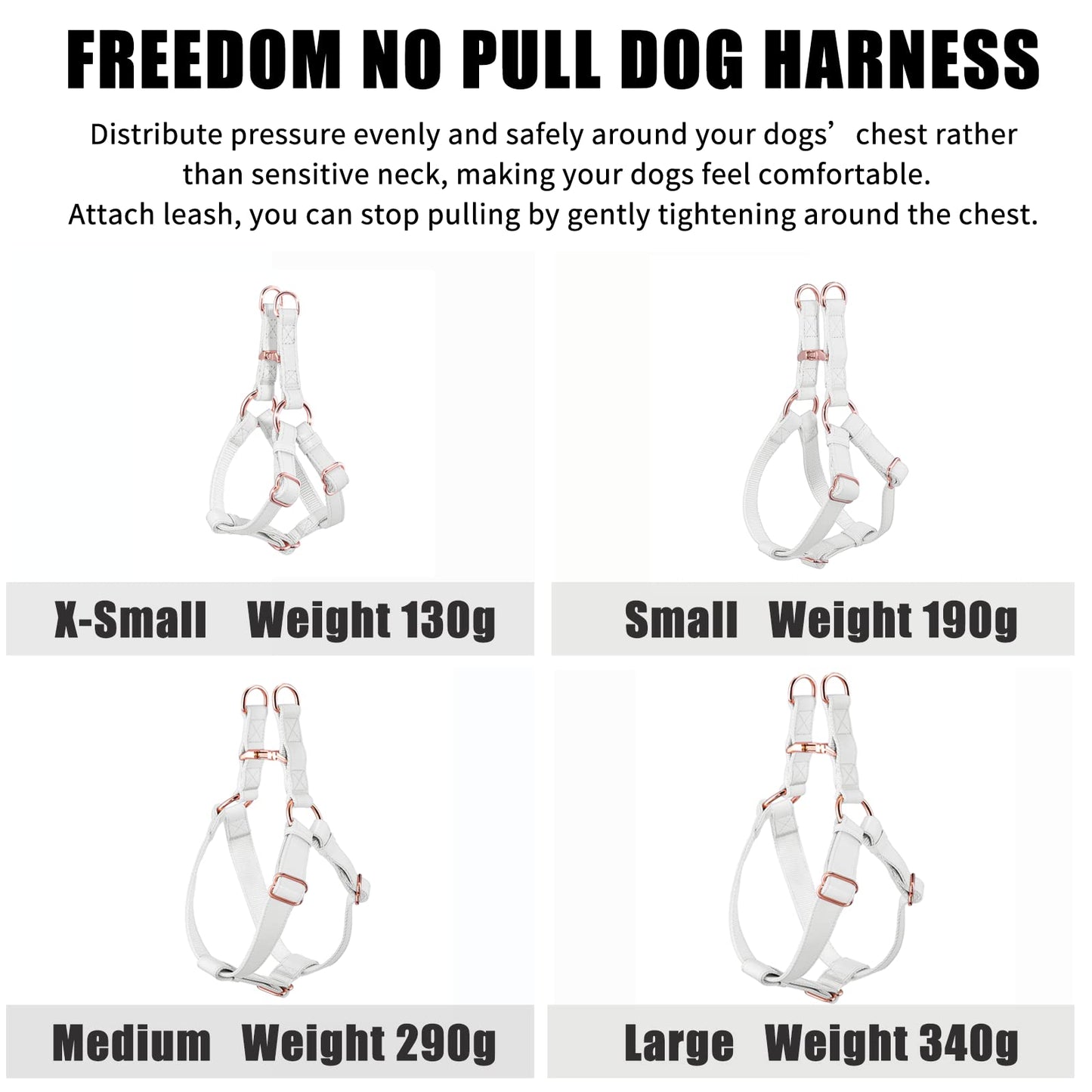 Soft Leather No Pull Dog Harness - Adjustable Step in Dog Harness with Rose Gold Heavy Duty Metal Buckle, Freedom Nylon Dog Halter Vests for Small Medium Large Dogs Easy Walking Training (White,L)