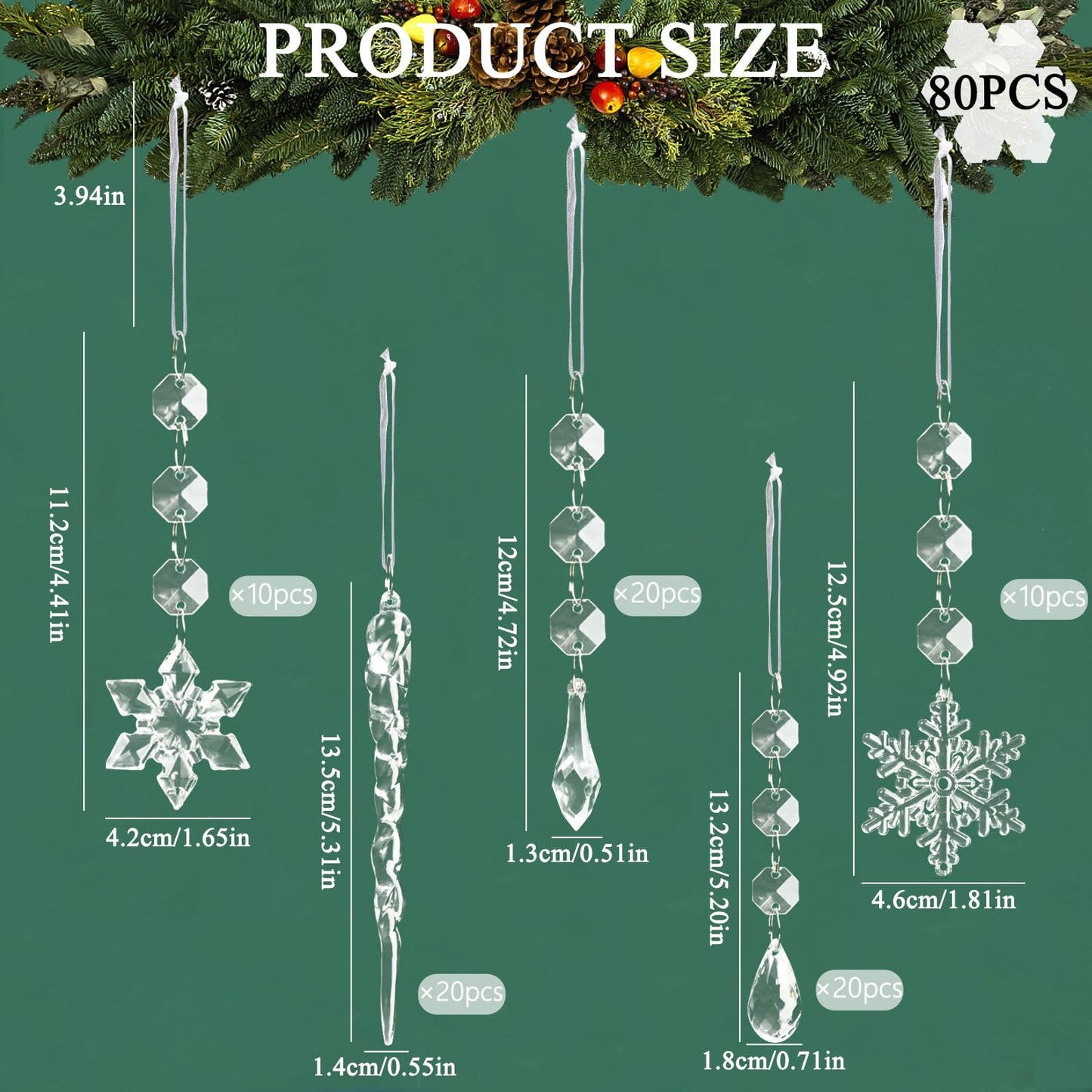 80pcs Christmas Tree Decoration Crystal Ornaments - Acrylic Christmas Snowflake Ornaments Icicle Drop Crystal Hanging Ornaments for Xmas Tree Winter Wonderland Holiday Frozen Party Decor