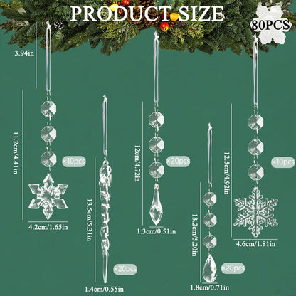 80pcs Christmas Tree Decoration Crystal Ornaments - Acrylic Christmas Snowflake Ornaments Icicle Drop Crystal Hanging Ornaments for Xmas Tree Winter Wonderland Holiday Frozen Party Decor