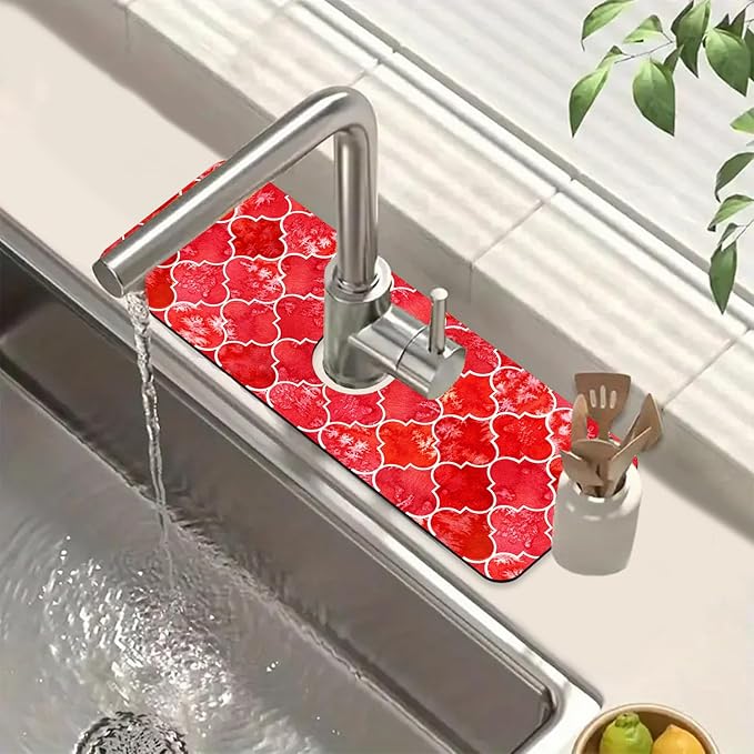 Watercolor Moroccan Marbled Kitchen Sink Splash Guard Faucet Mat Red Tiles