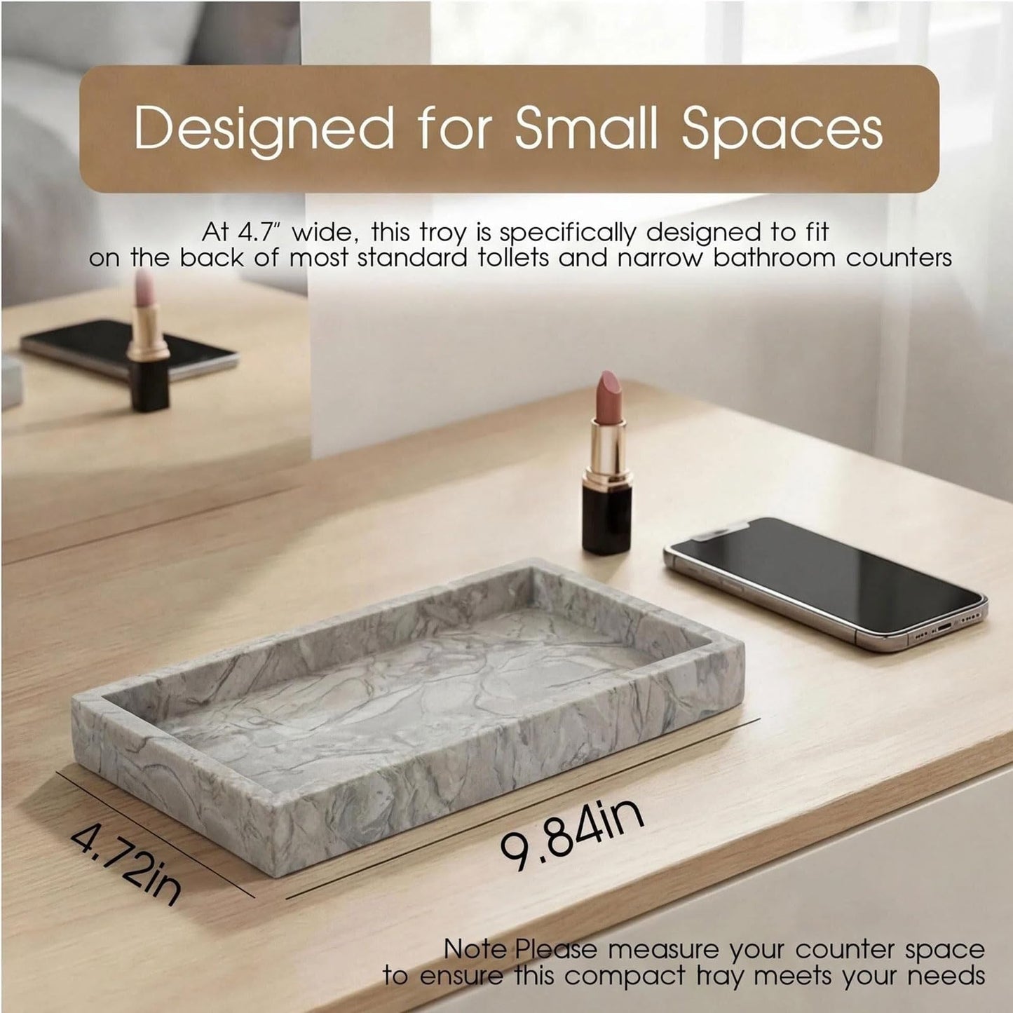 AUSAULAC Natural Marble Tray Heavyweight Stone Vanity Tray for Bathroom Countertop, Coffee Table & Dresser - Handcrafted Rectangular Organizer (Gray, 9.84" x 4.72" x 1.18")